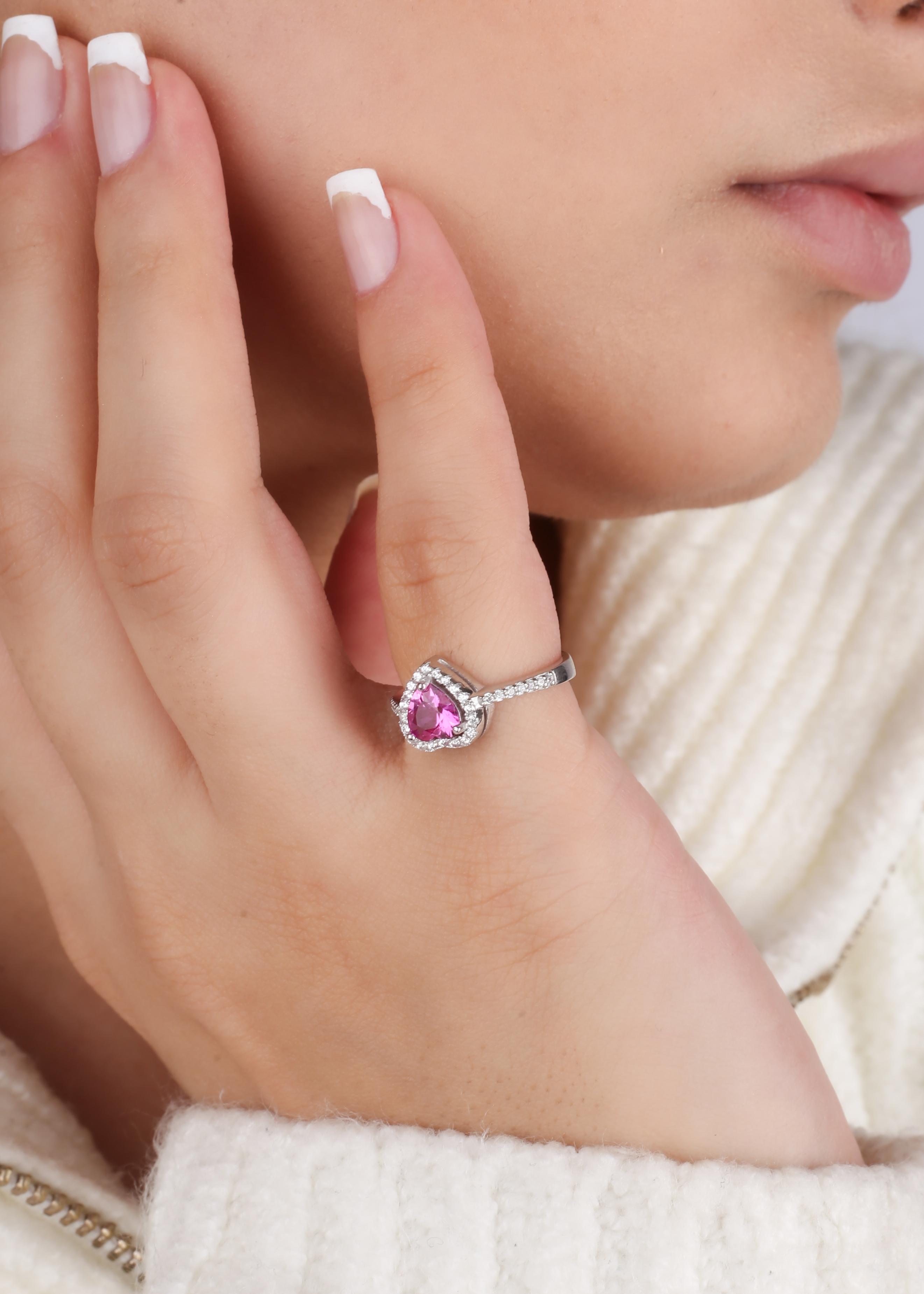 Silver Heart Ring with Pink Quartz Colored Stones