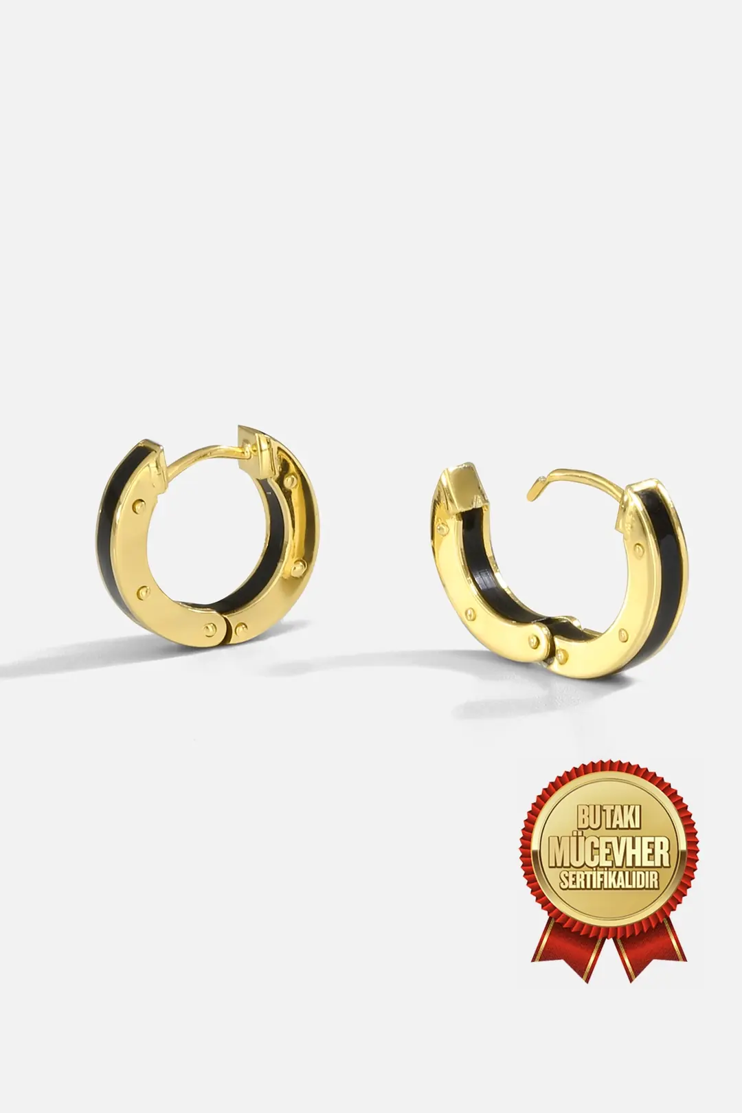 Mikron Gold Plated Silver Black Engraved Hoop Earrings