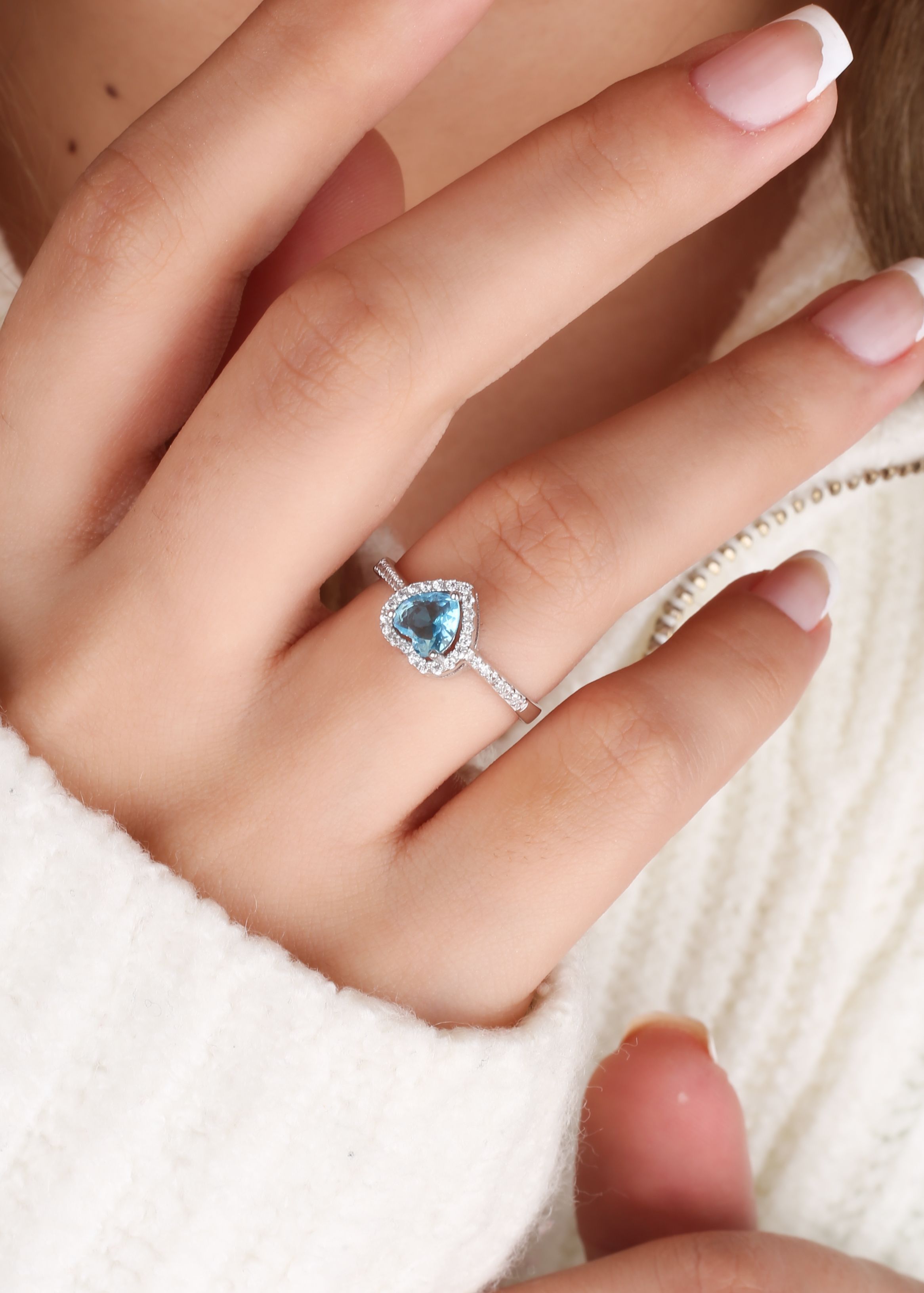 Silver Heart Ring with Aquamarine Colored Stones