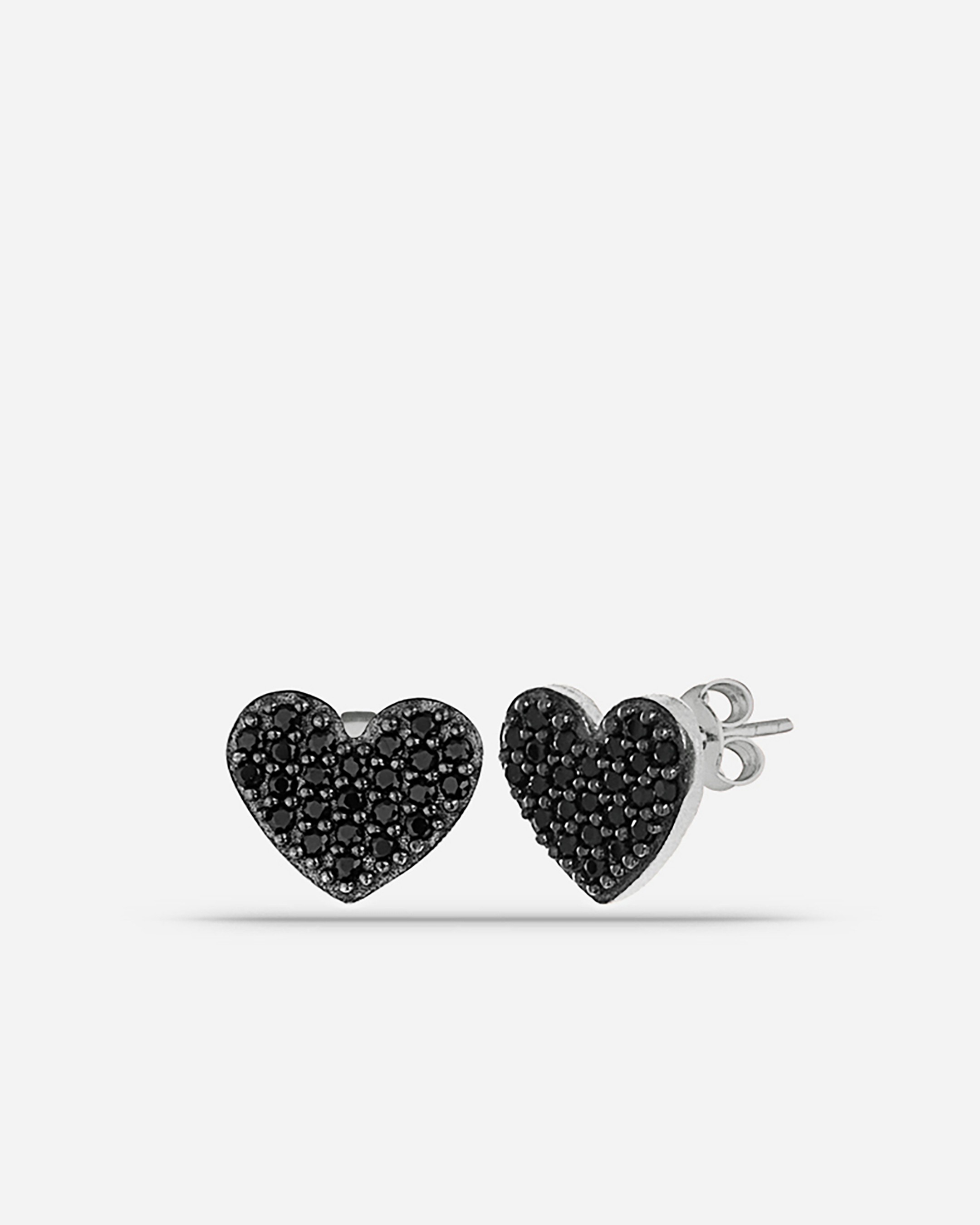 Onyx Silver Heart Earrings - White Gold