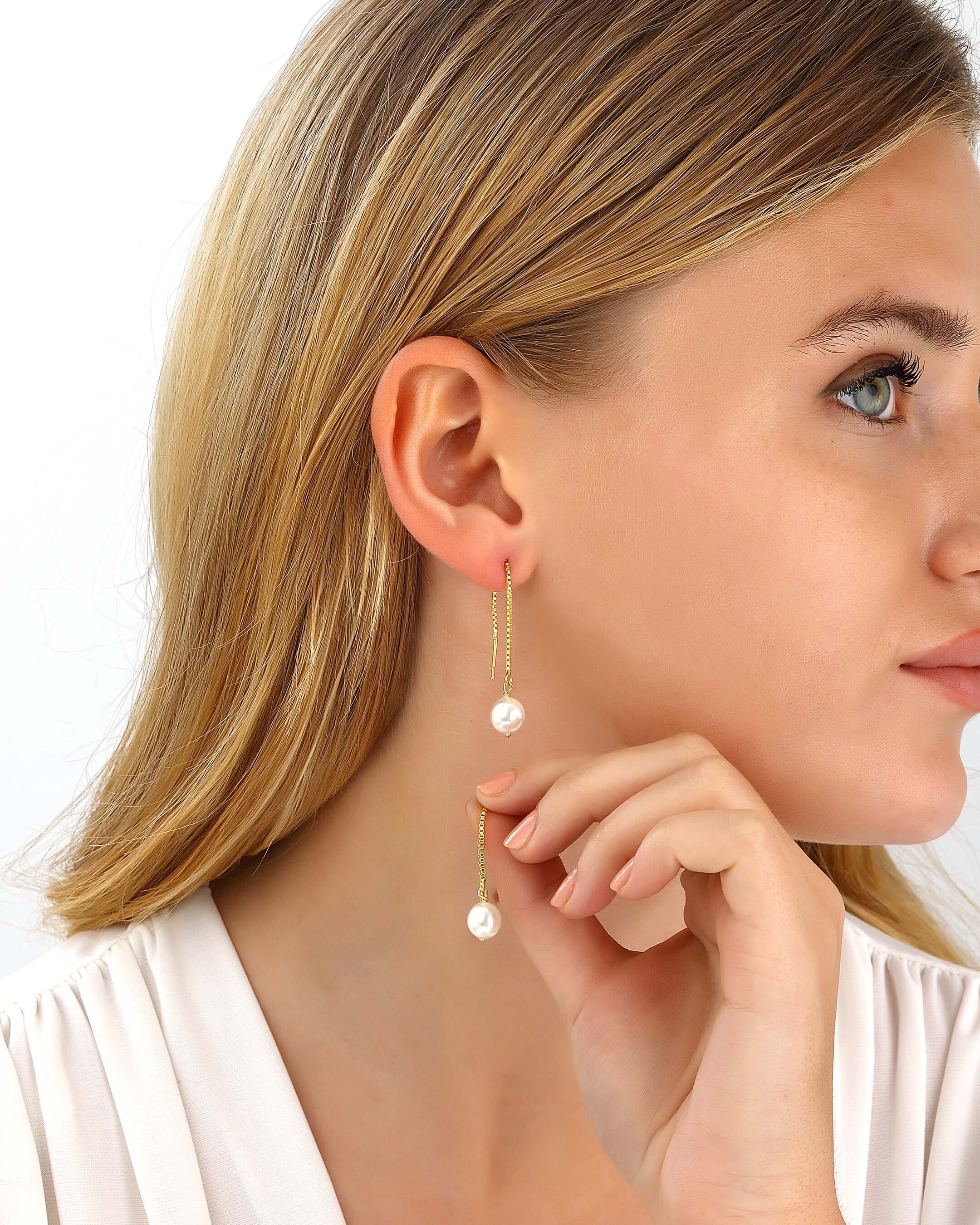 Silver Chain Earrings with Pearl Stones - Gold