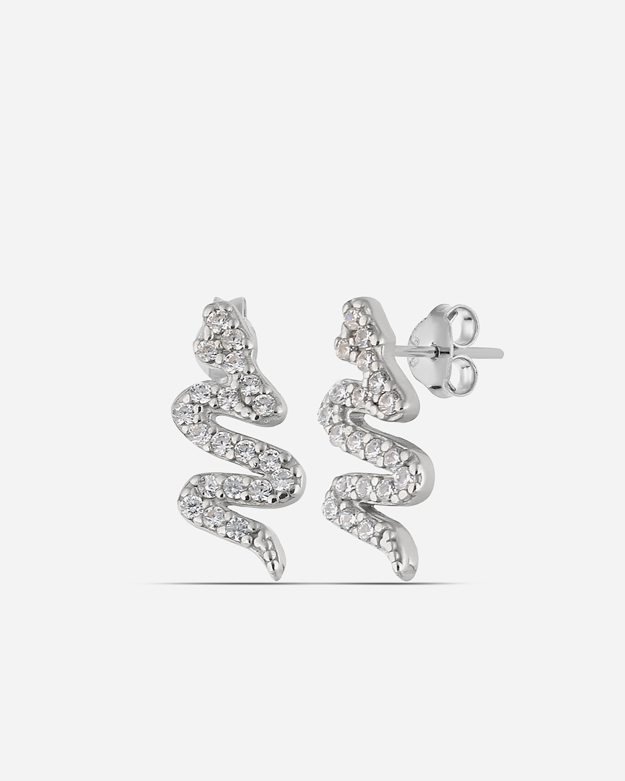 Silver Snake Earrings with Zircon Stone - White Gold