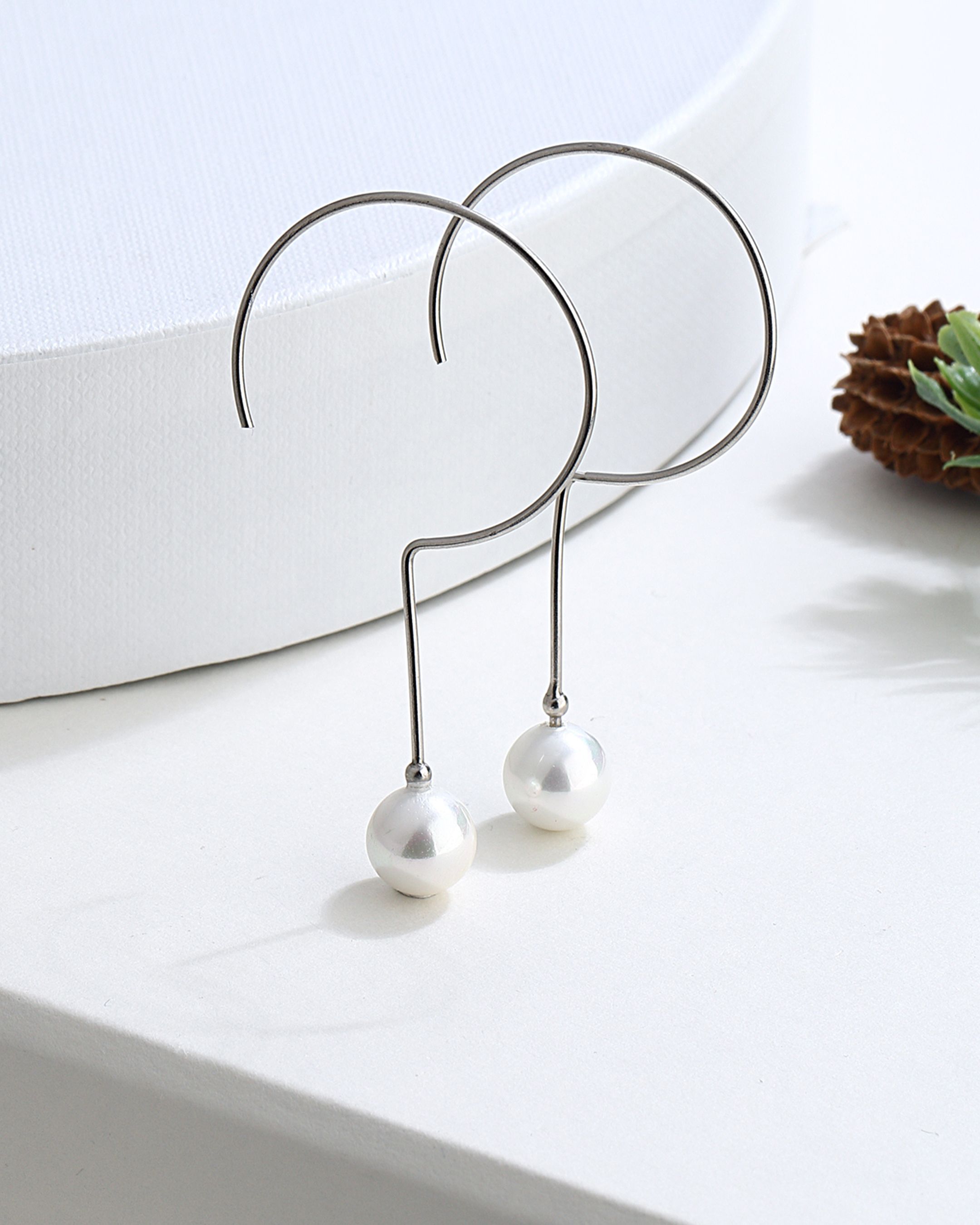 Silver Sickle Earrings with Pearl Stones