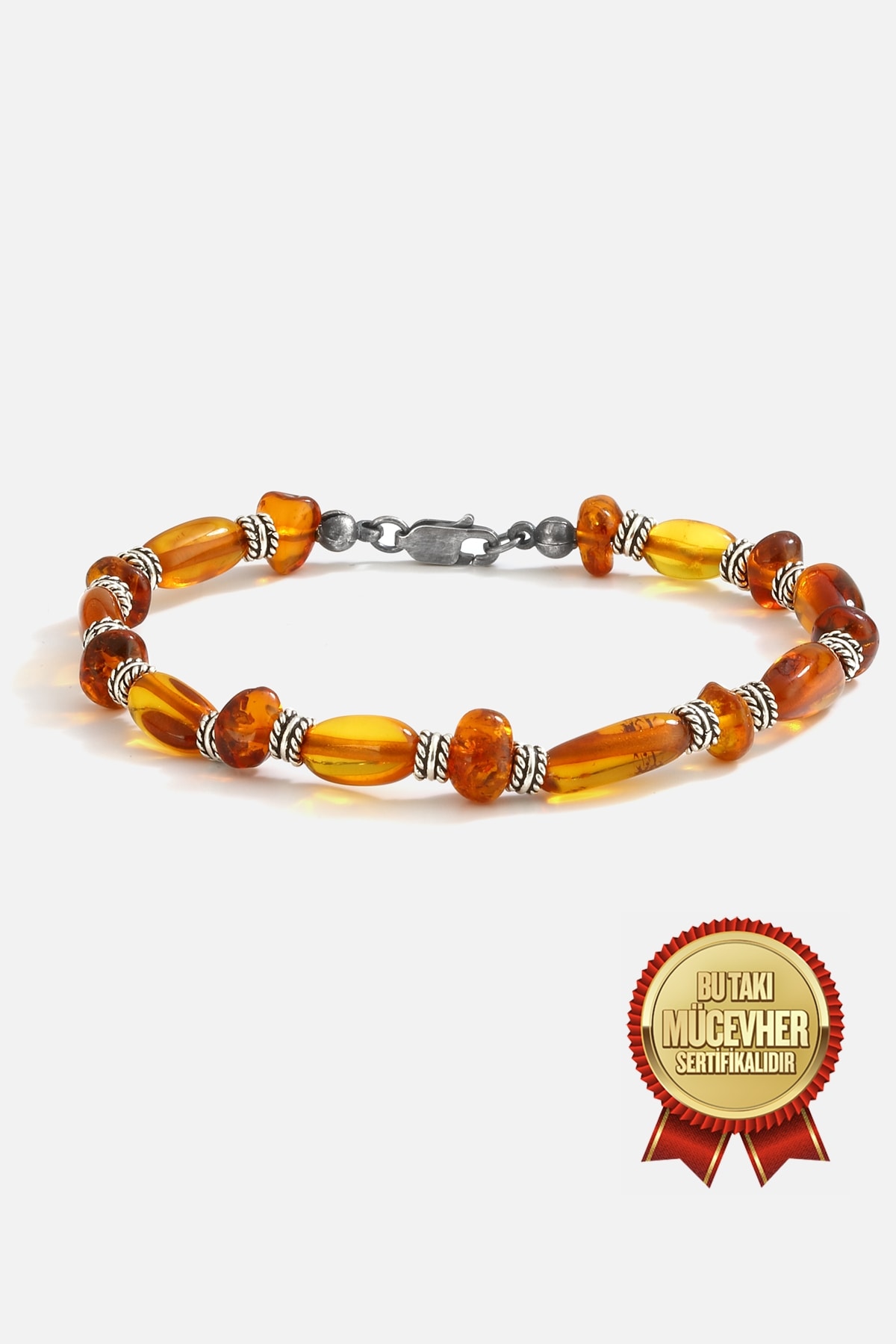 Gümüş Saf Damla Kehribarlı Erkek Bilekliği