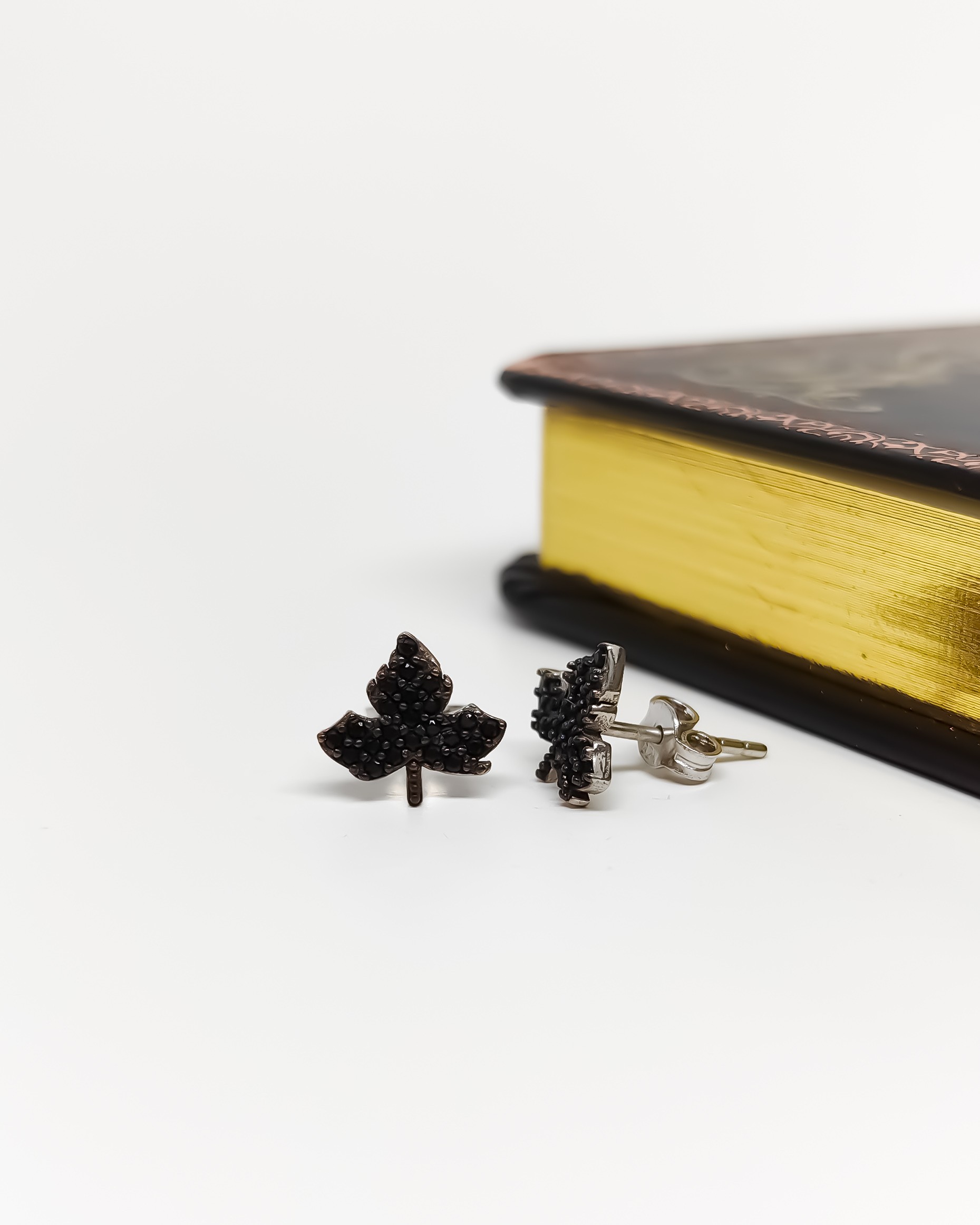 Silver Sycamore Leaf Earrings with Onyx Stone