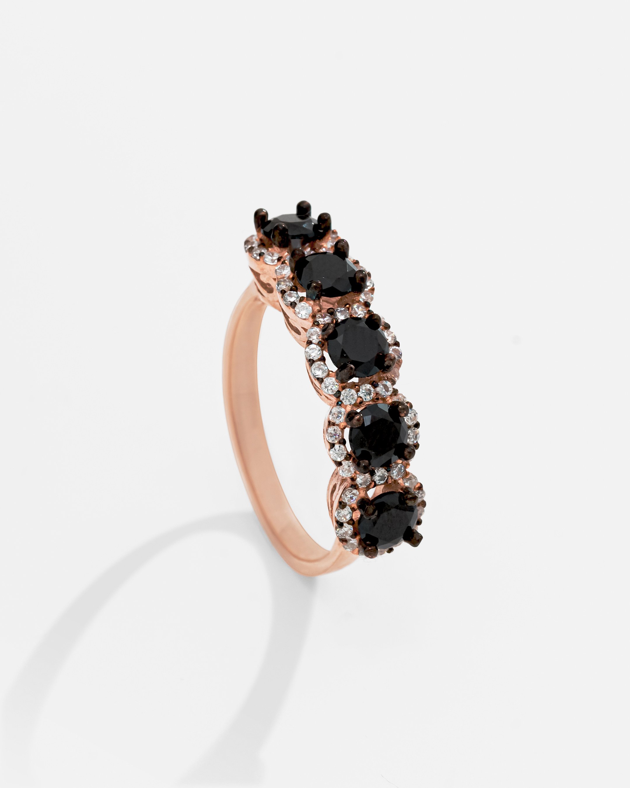 Onyx Stone Silver Five Stone Ring - Rose Gold