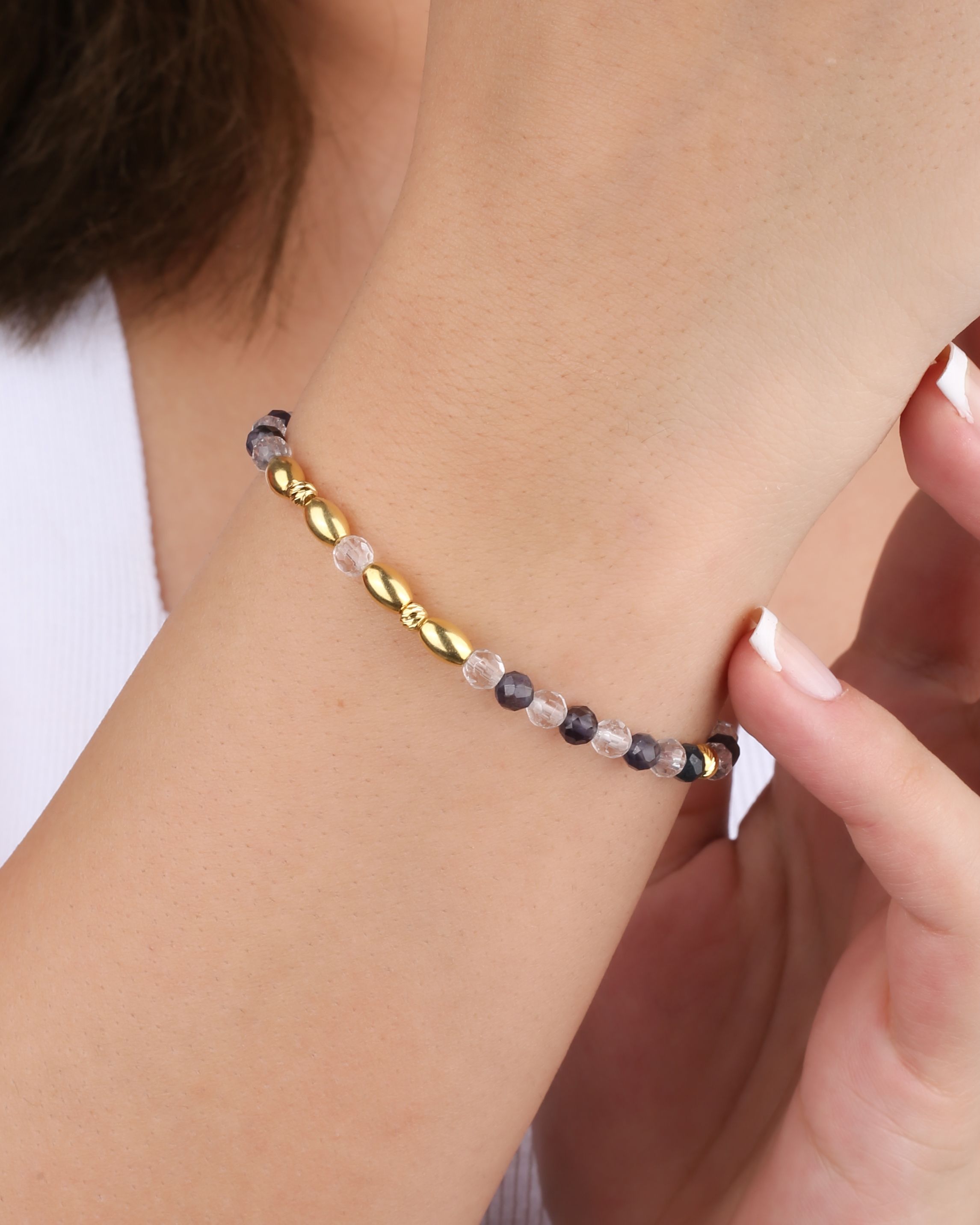 Silver Bracelet with Iolite and Crystal Quartz Stones - Gold