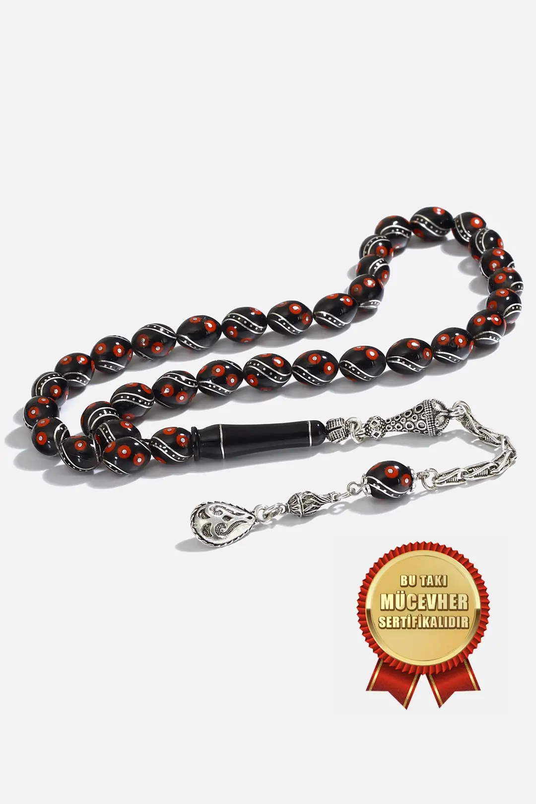Coral & Silver Engraved Oltu Prayer Beads