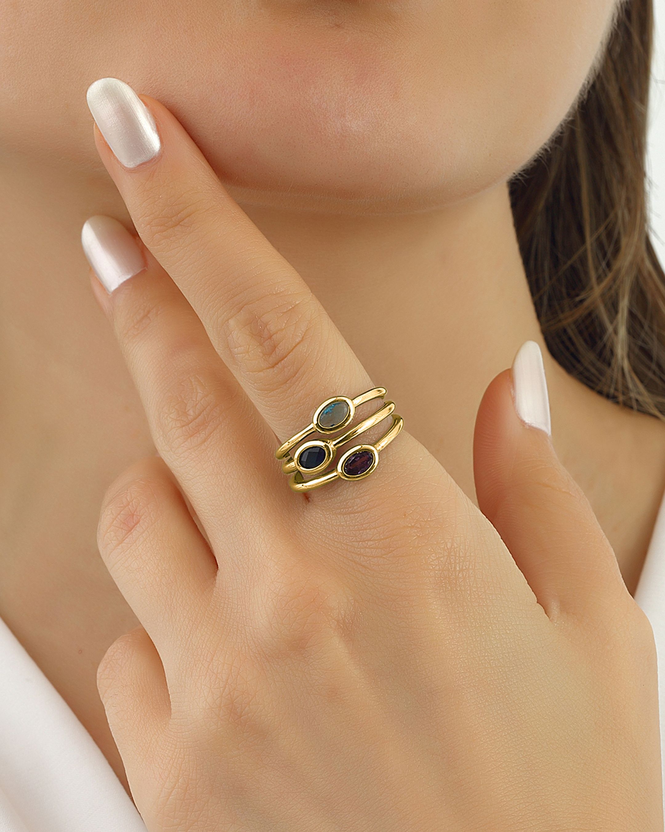 Mix Stone Design Silver Ring - Gold