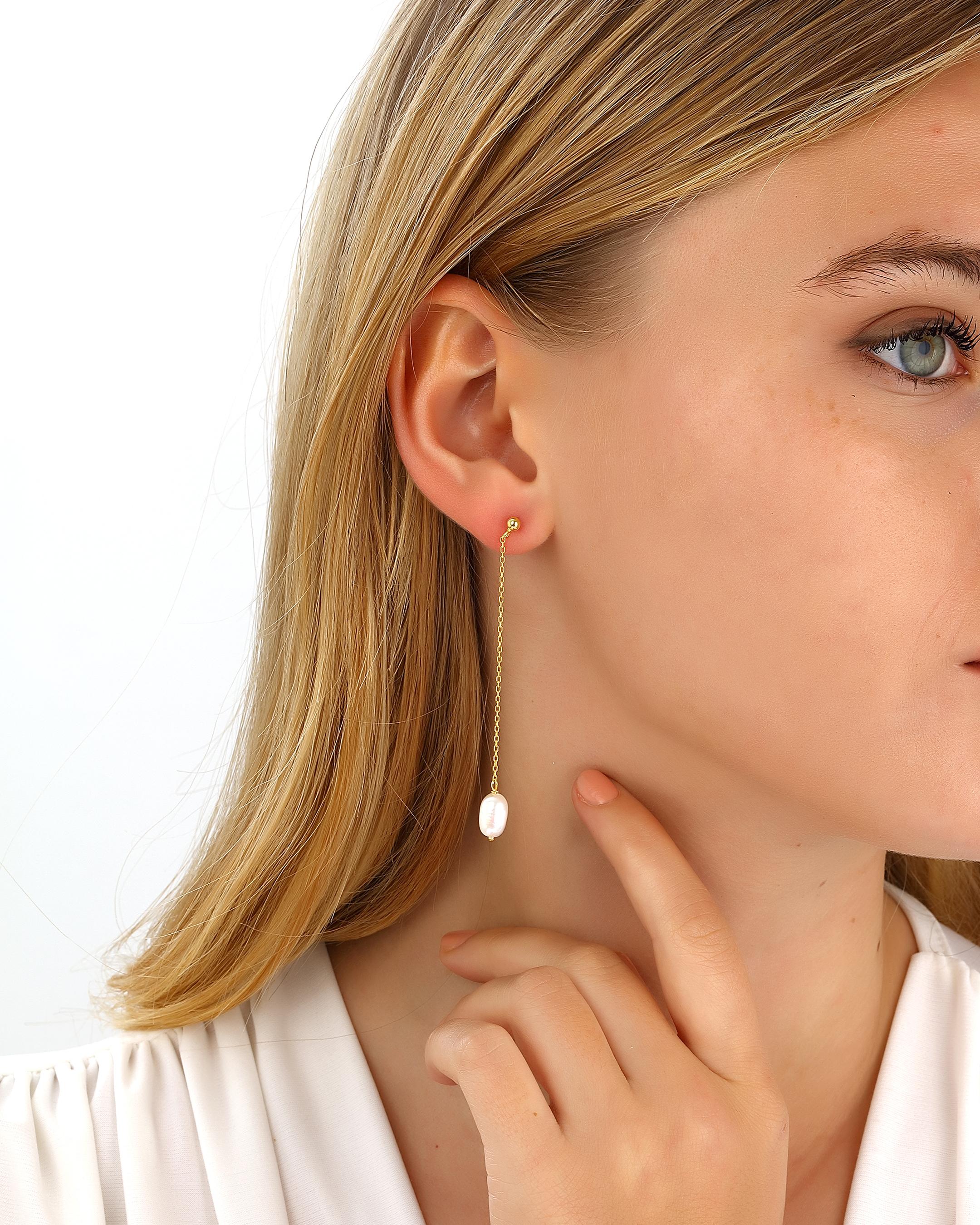 Silver Chain Earrings with Pearl Stones - Gold