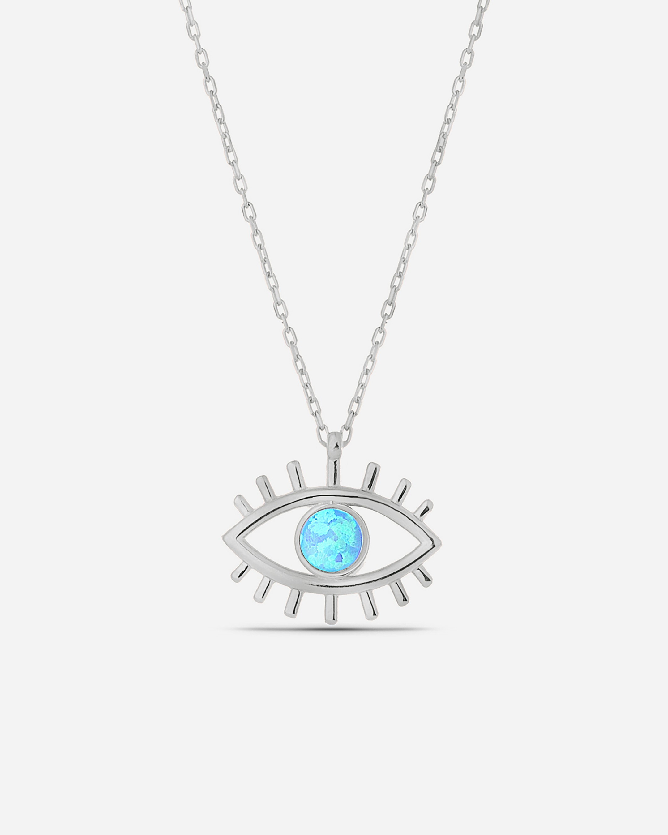 Silver Eye Necklace with Blue Opal Stones - White Gold