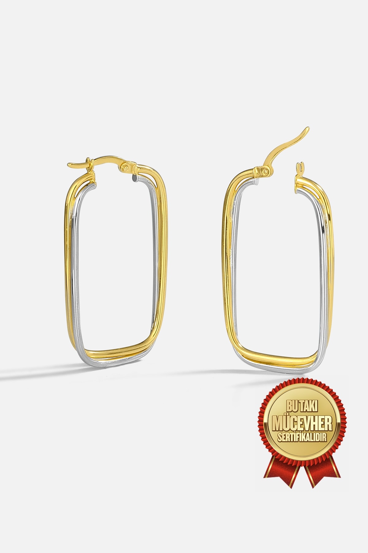 Mikron Altın Kaplama Gümüş Dikdörtgen Küpe