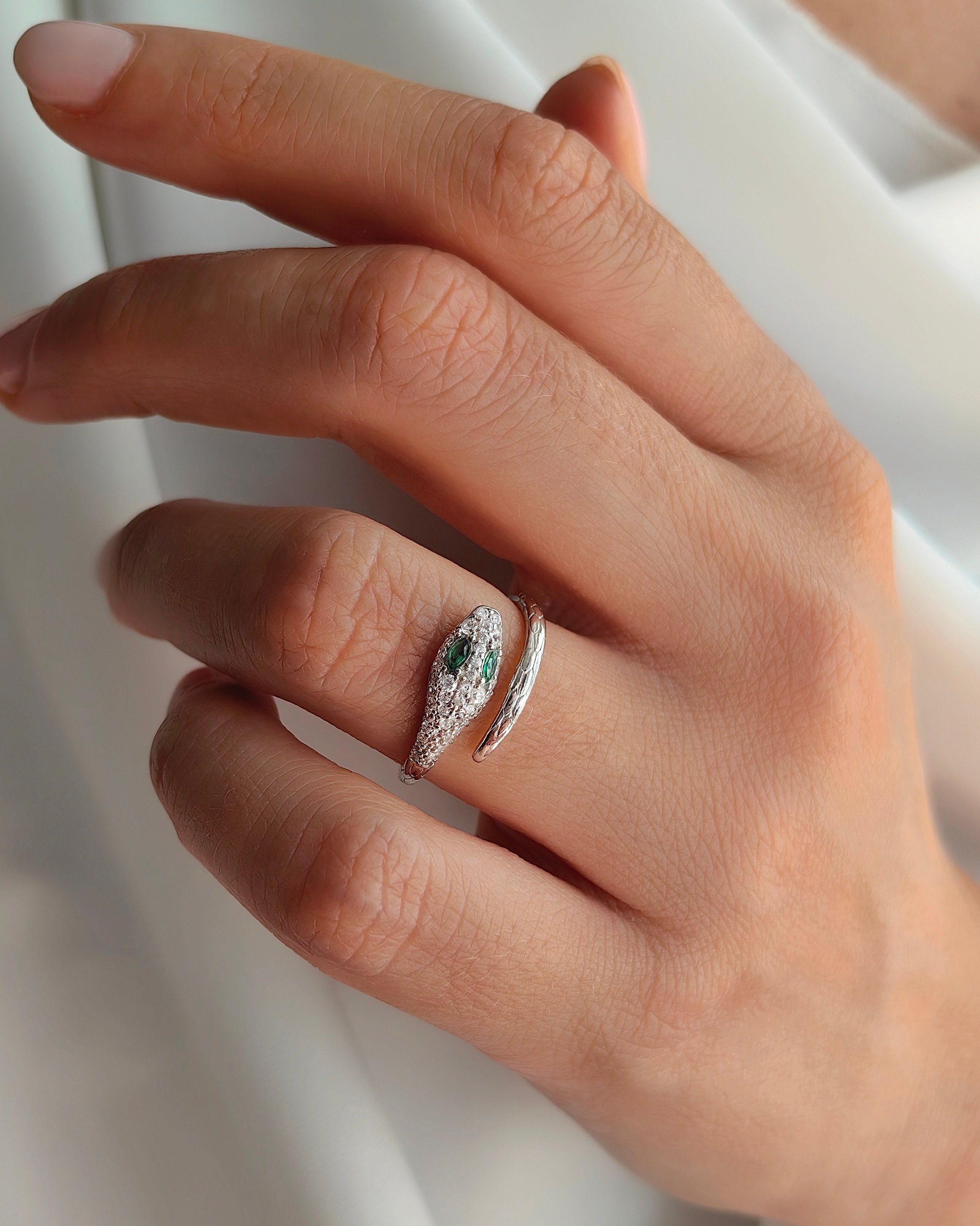 Silver Snake Ring with Green Zircon Stone