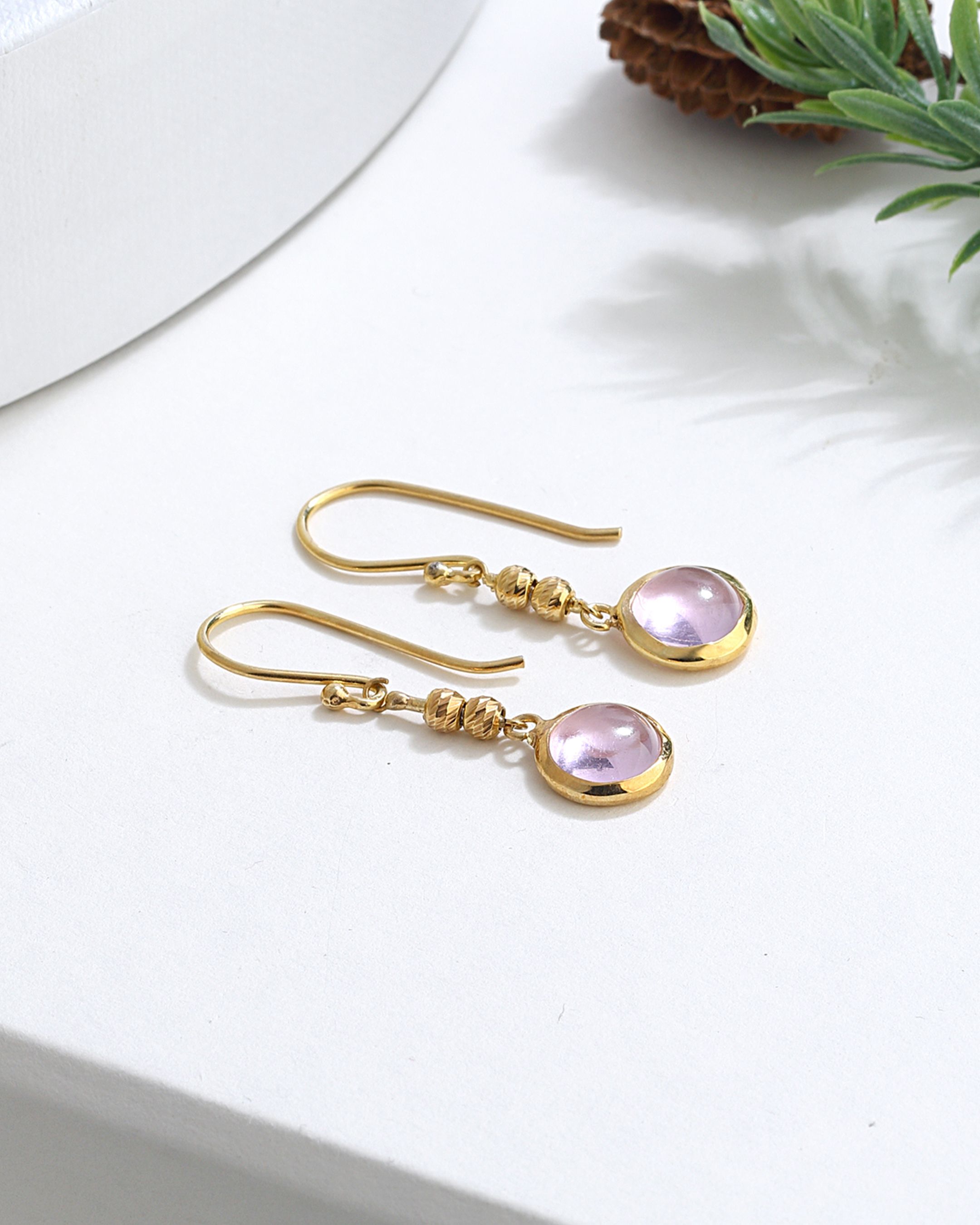 Silver Earrings with Pink Quartz Stone - Gold