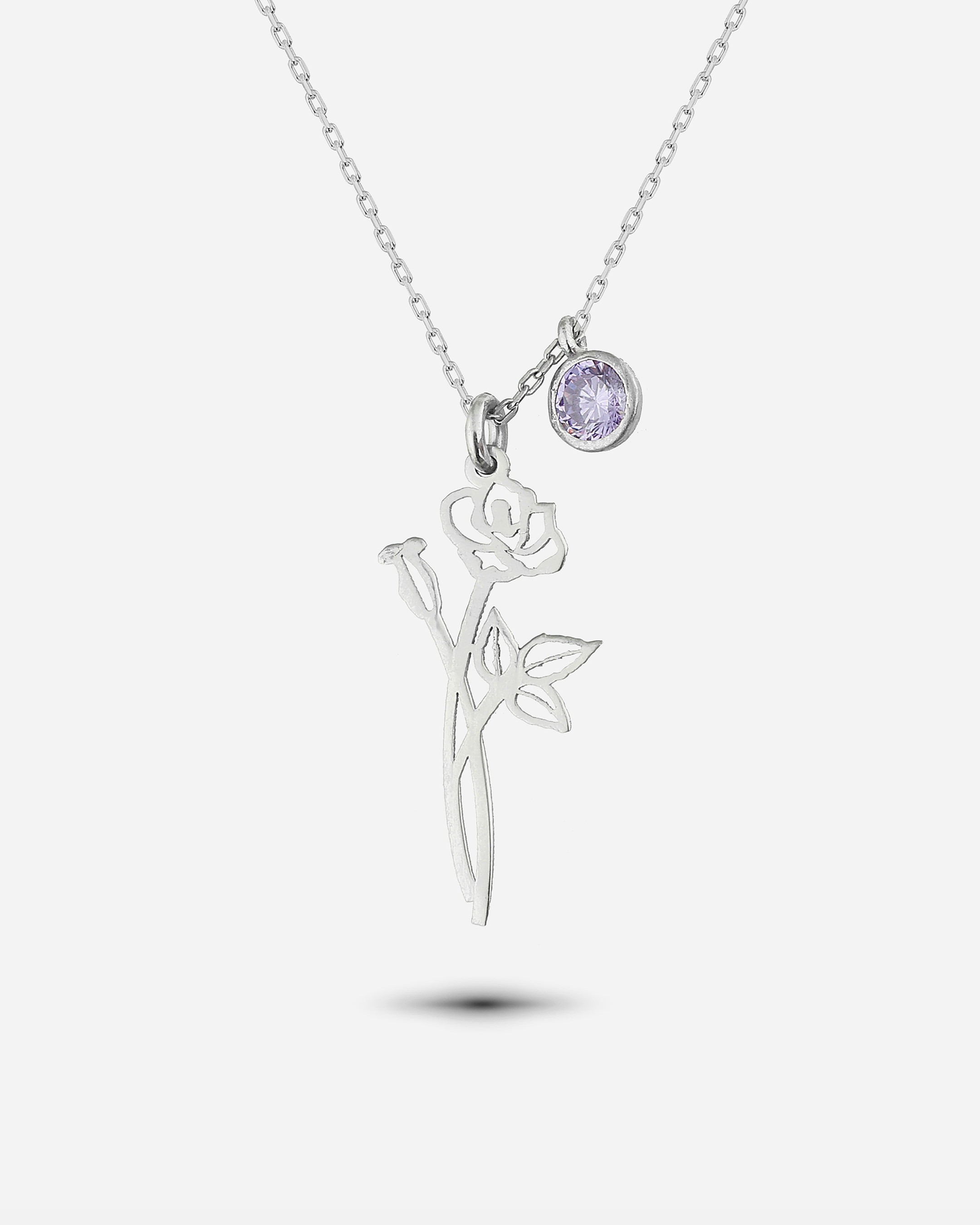 Silver June Birth Flower Rose Necklace - White Gold