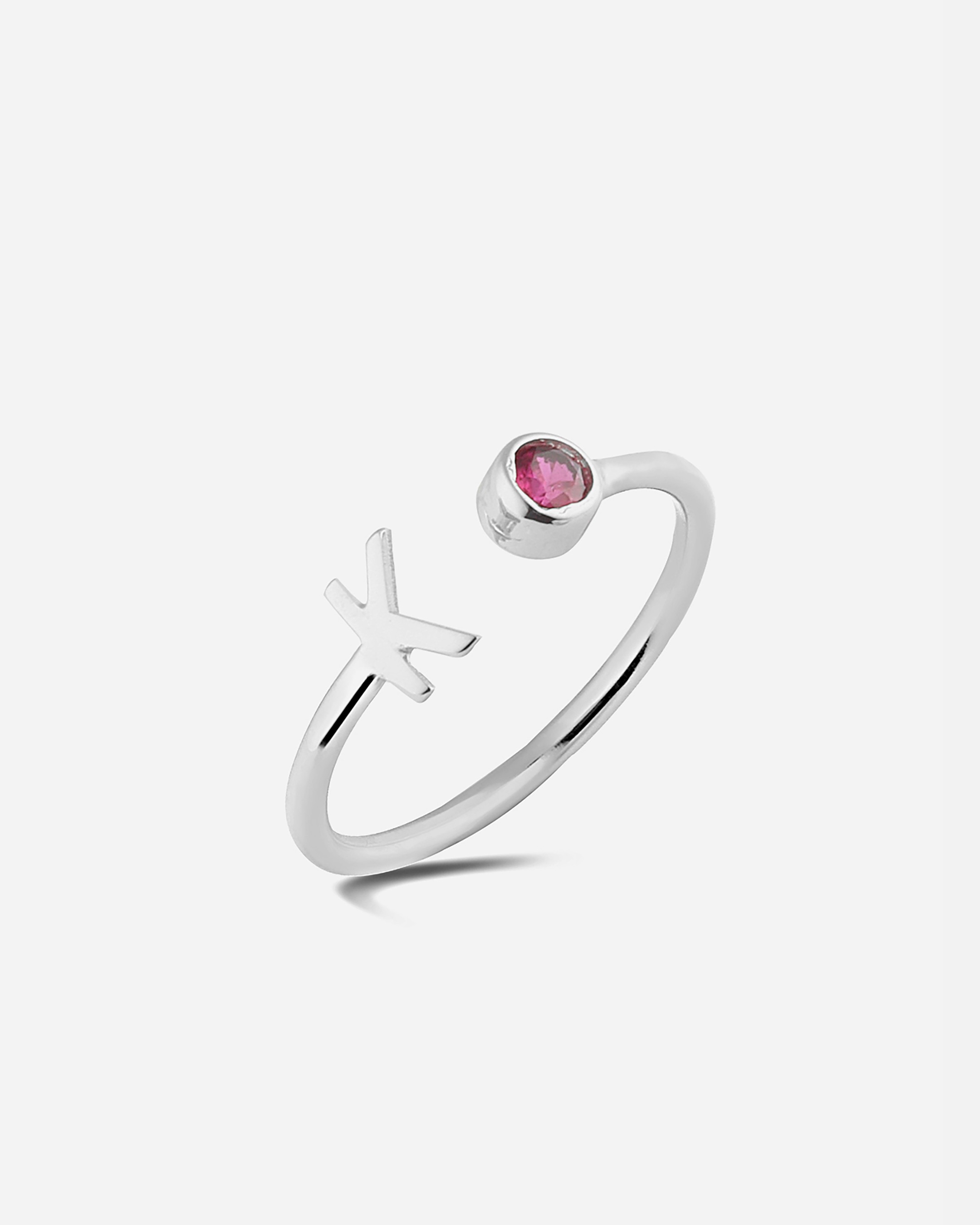 Silver Lettered July Birthstone Ring with Ruby Stone - White Gold