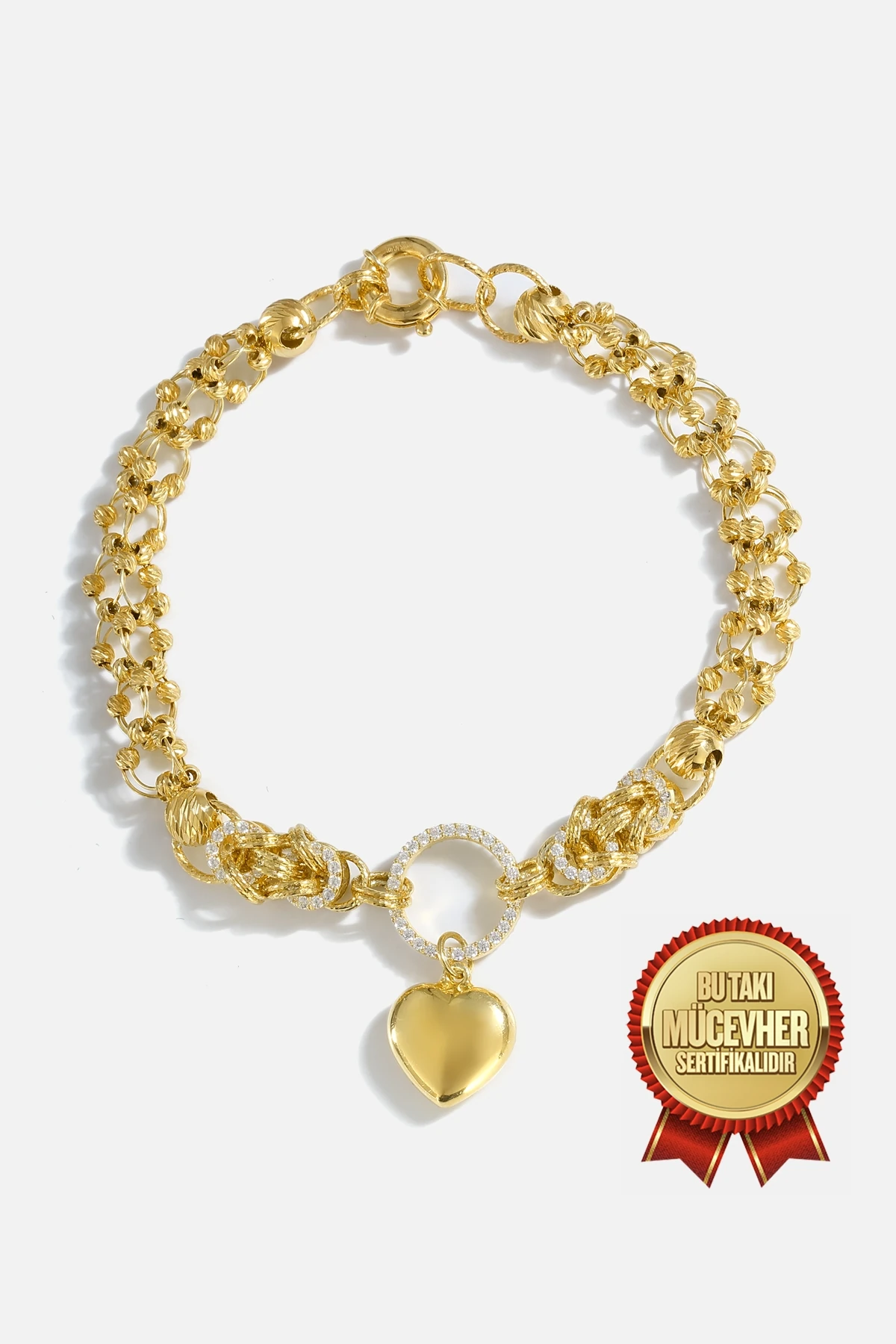 Mikron Altın Kaplama Kalpli Dorika Gümüş Bileklik