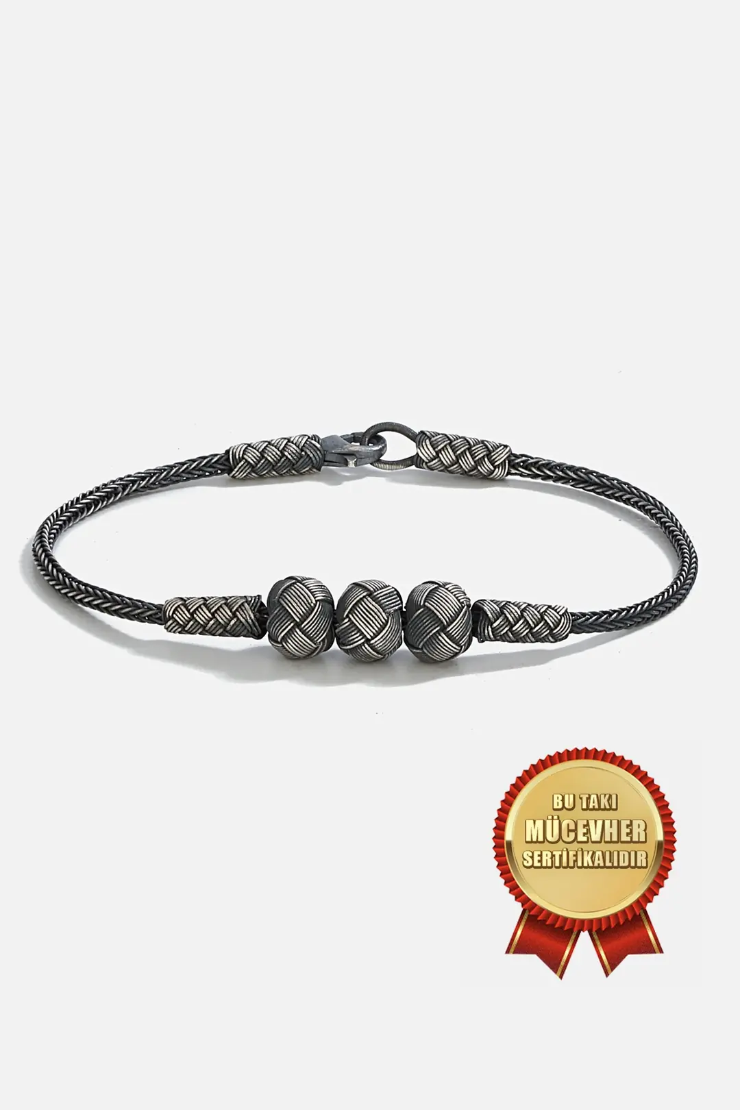 925 K Silver Kazaz Handcrafted Black Oxidized Üçtop Men's Bracelet