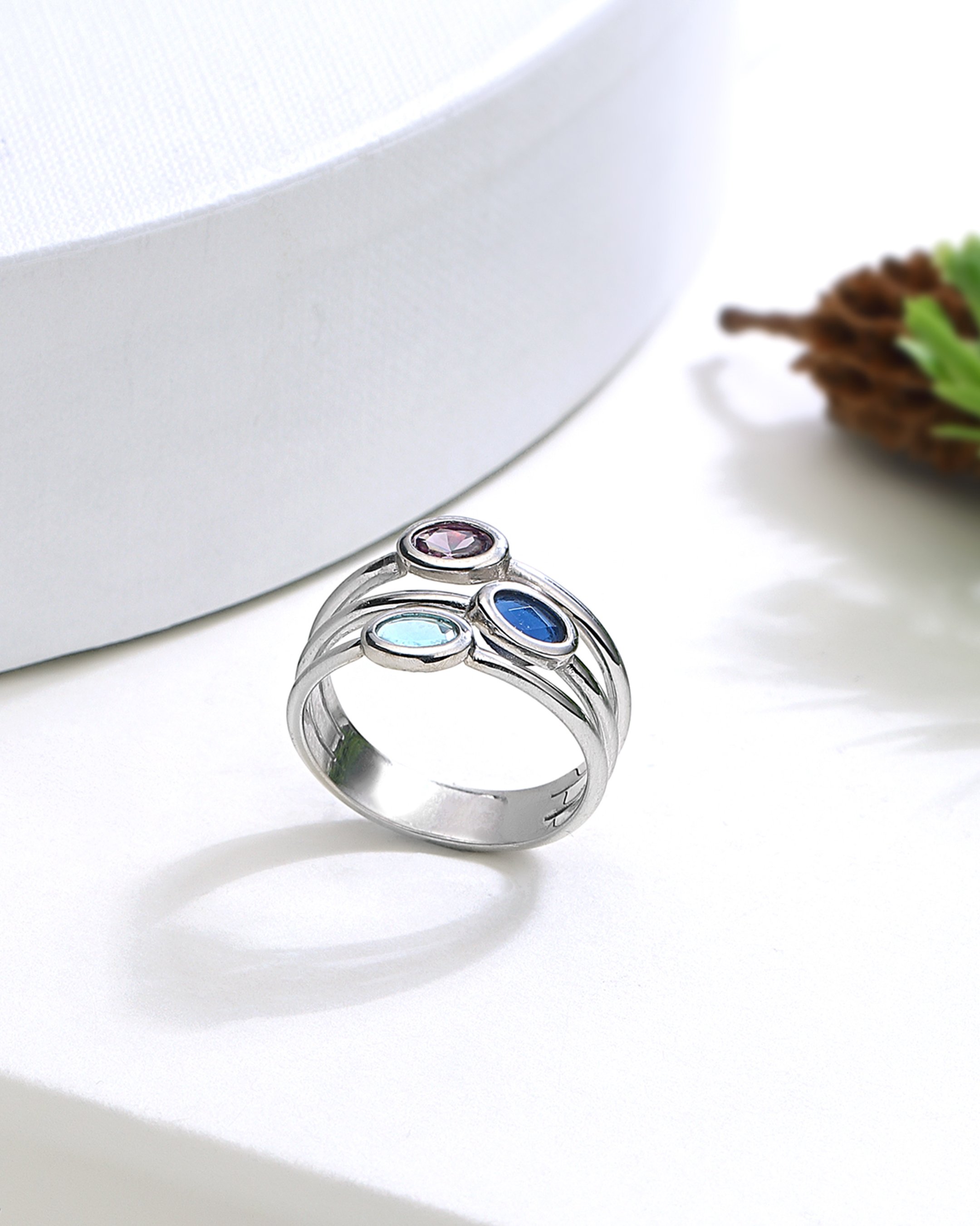 Mix Stone Design Silver Ring - White Gold