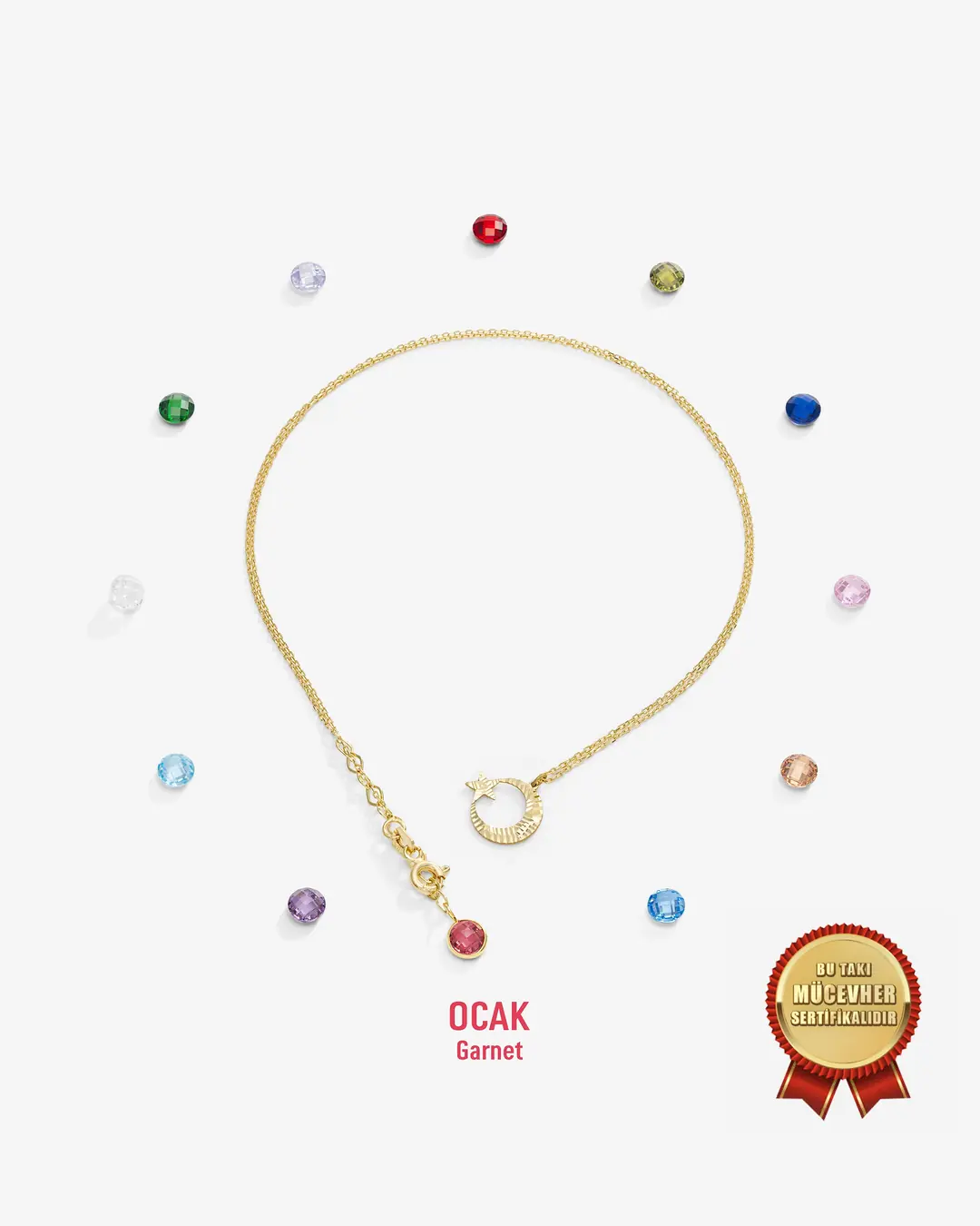14 K Gold Star and Crescent Birth Stone Necklace