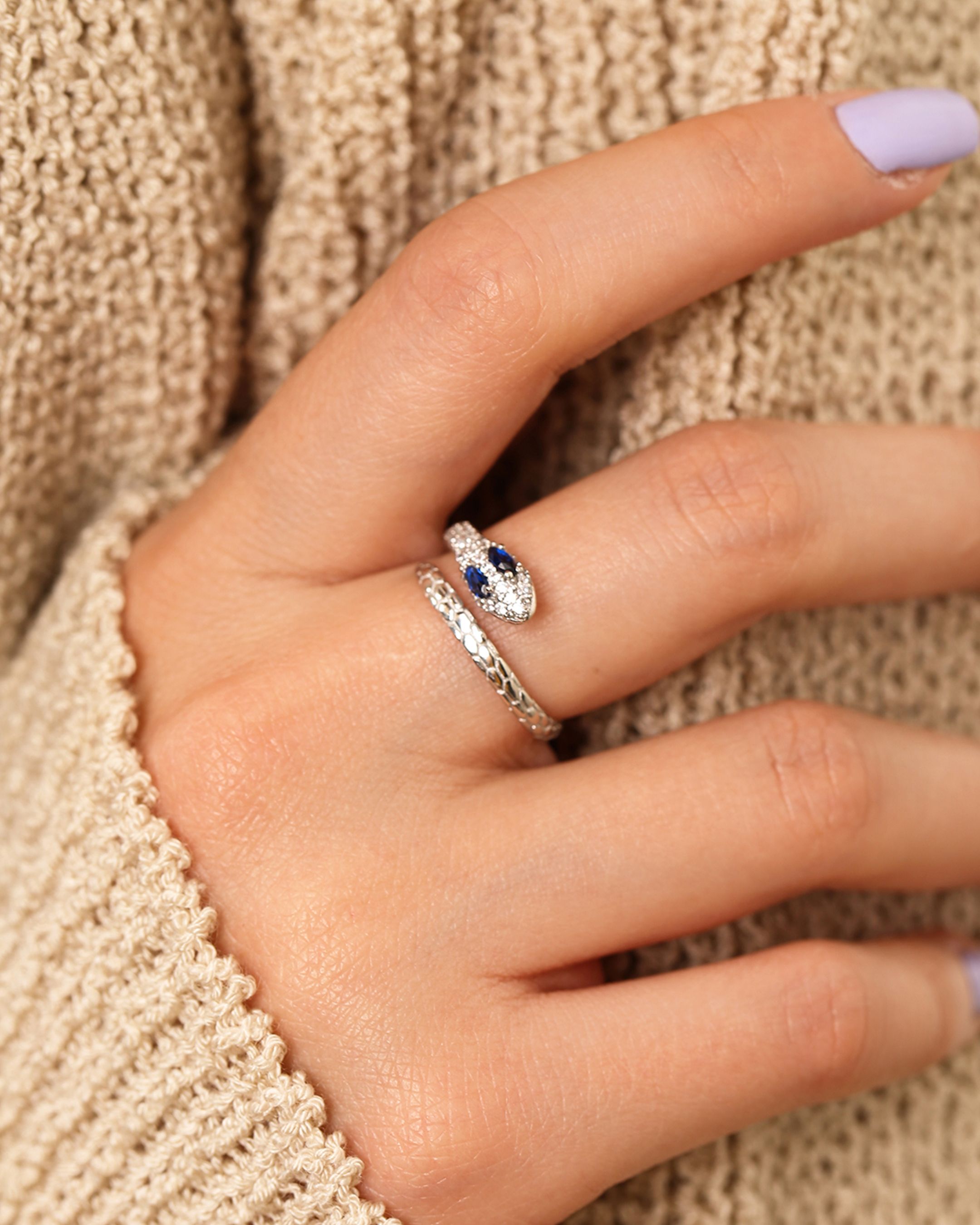 Navy Blue Zircon Stone Silver Snake Ring