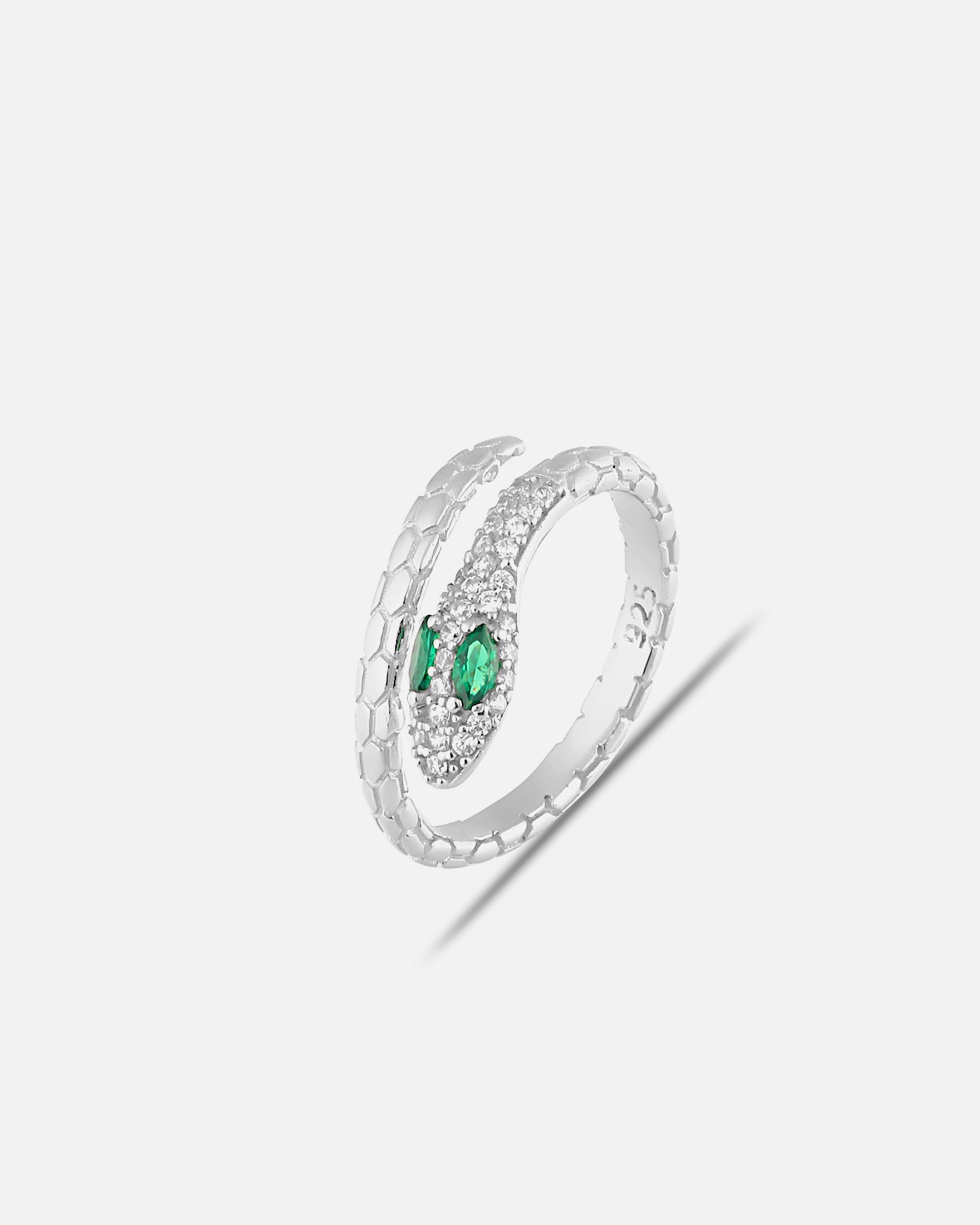 Silver Snake Ring with Green Zircon Stone