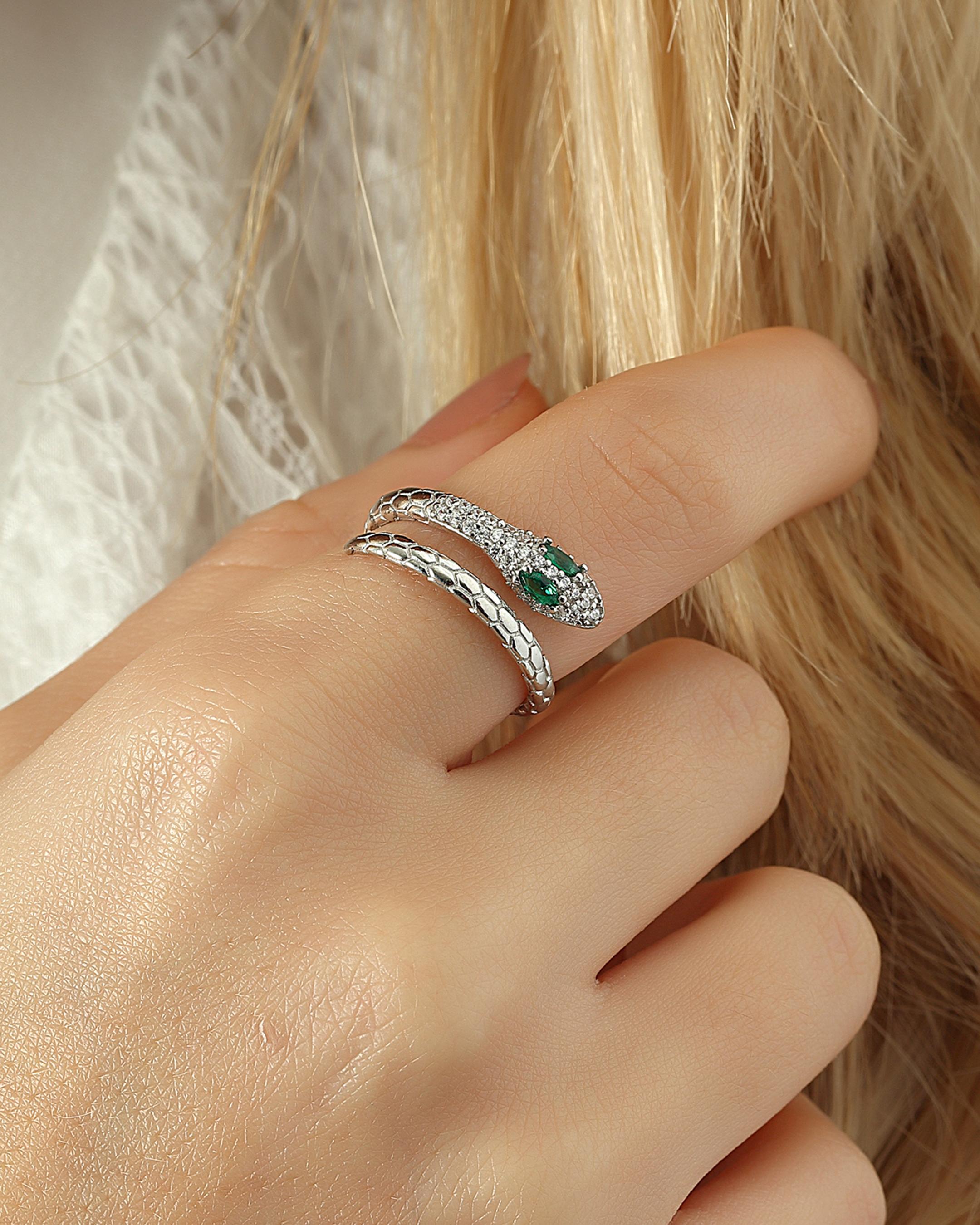 Silver Snake Ring with Green Zircon Stone