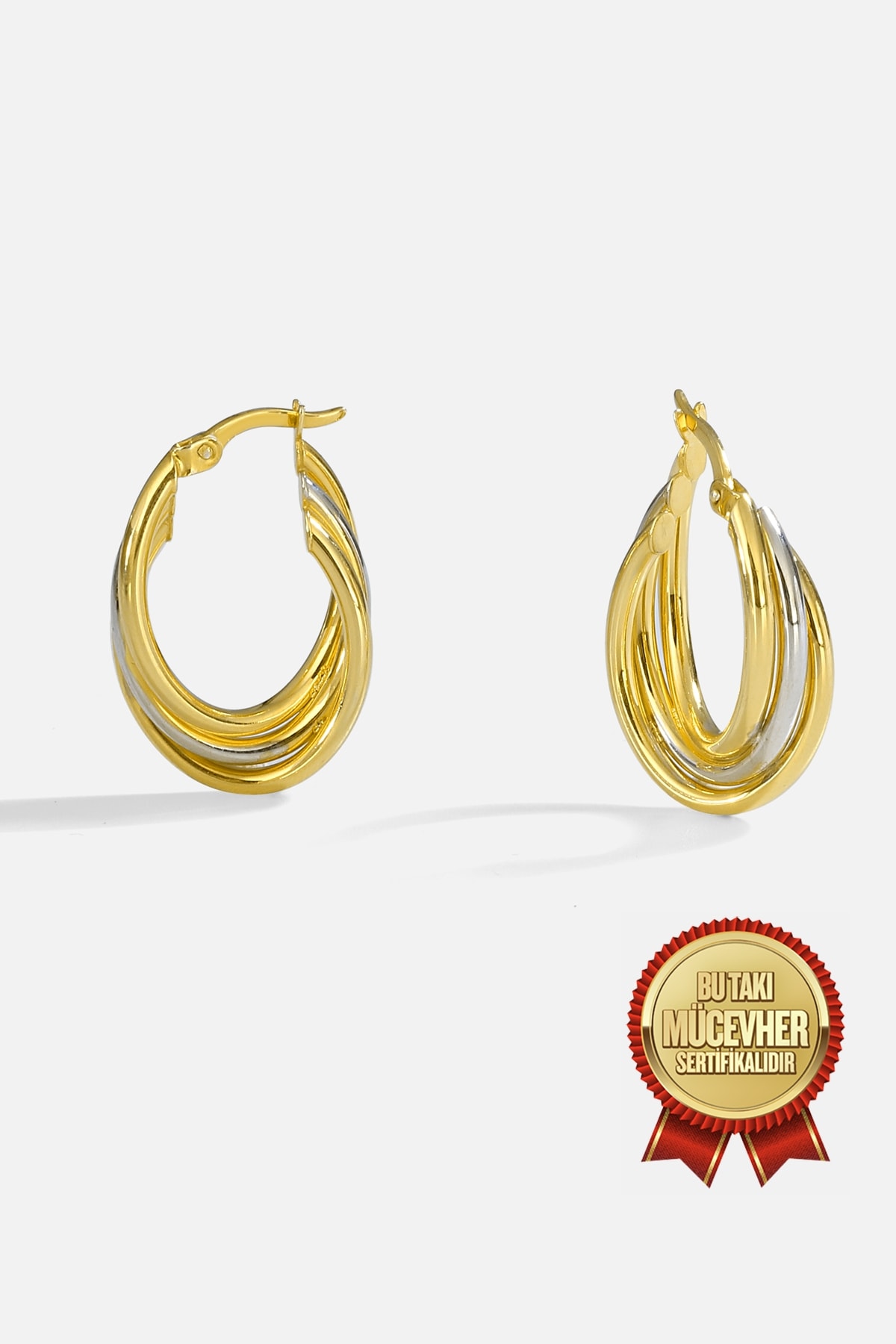 Mikron Altın Kaplama İki Renk Gümüş Halka Küpe