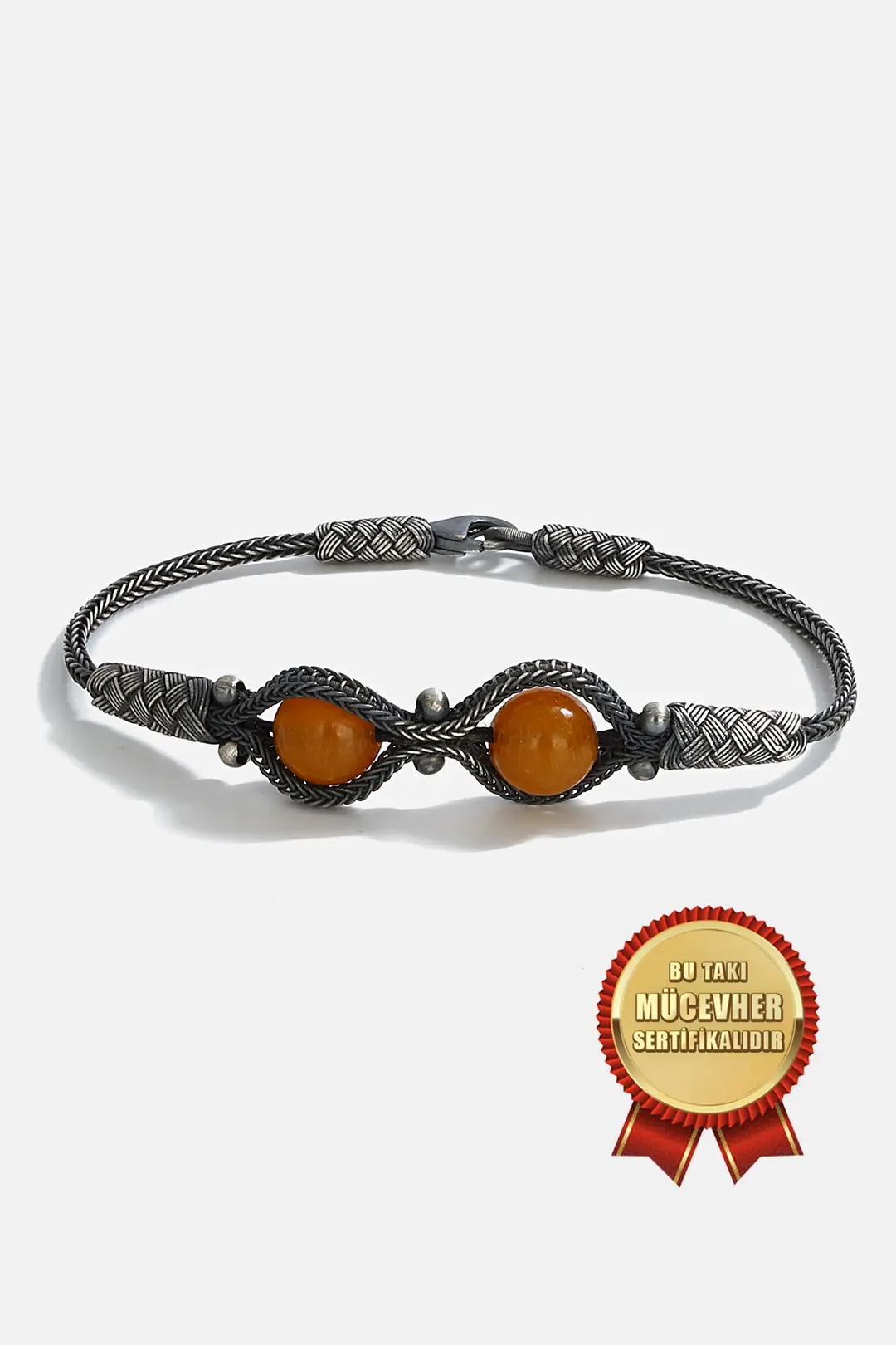 925 K Silver Kazaz Handcrafted Black Oxidized Natural Stone Men's Bracelet