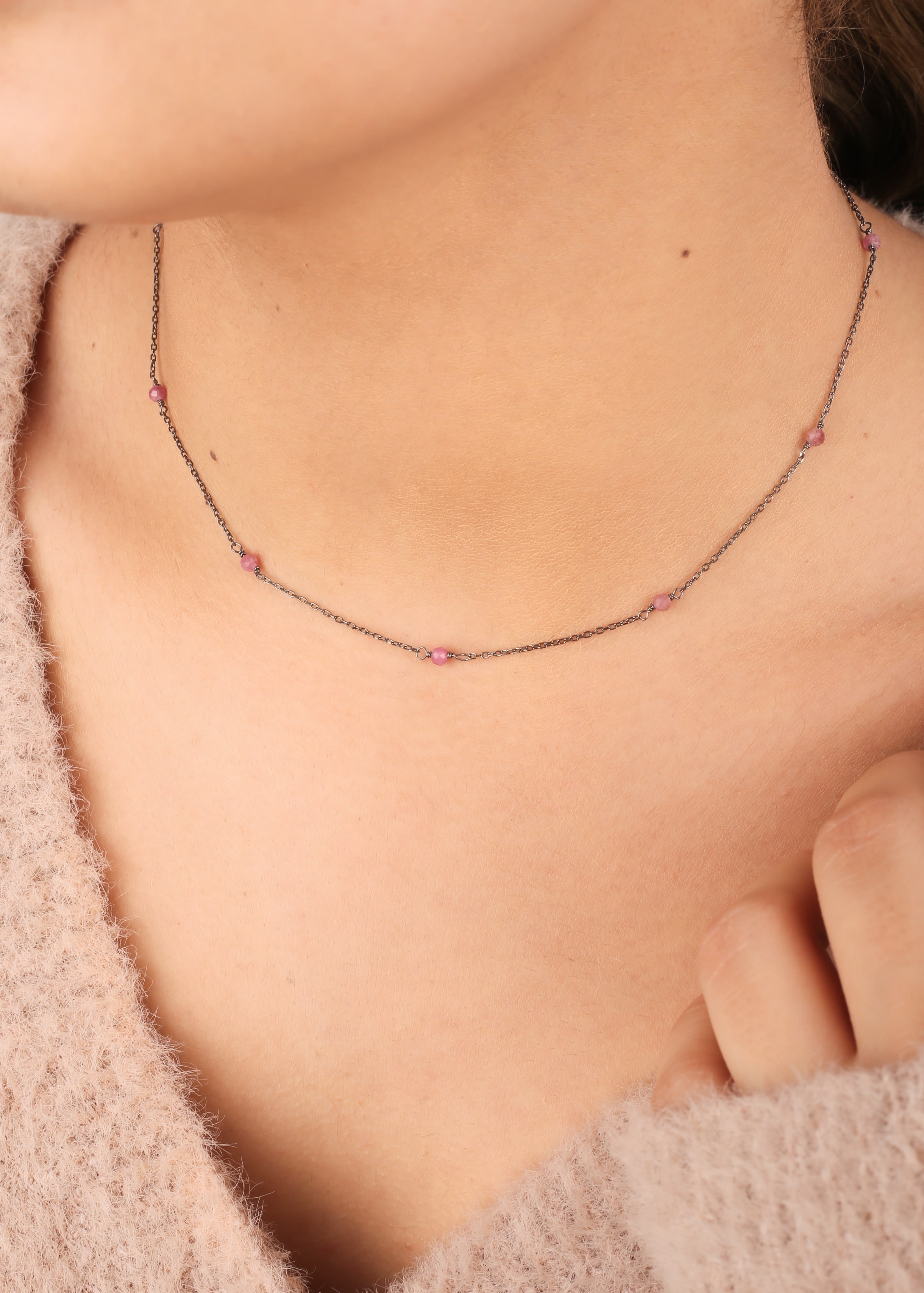 1.7 Carat Pink Tourmaline Silver Necklace - Black Lapping