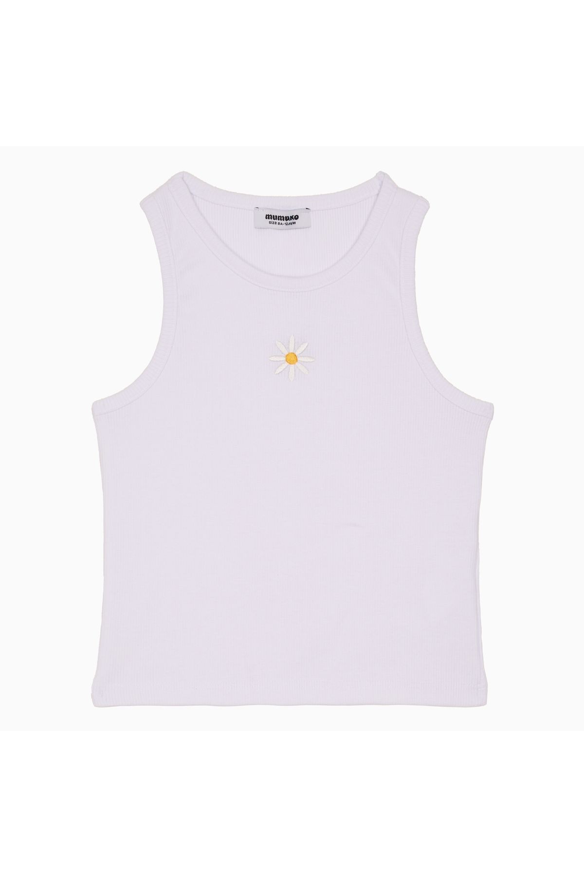 Kız Çocuk Kolsuz Tişört – %100 Pamuk, Beyaz, Nakışlı Papatya Detaylı, Yazlık Kolsuz T-shirt