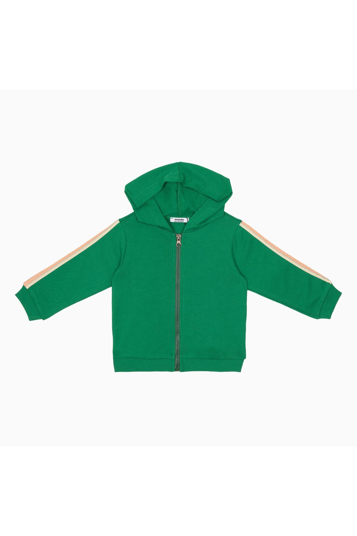 Erkek Bebek Fermuarlı Sweatshirt – Yeşil, Kapüşonlu, Şerit Detaylı, %100 Pamuk (6-24 Ay)