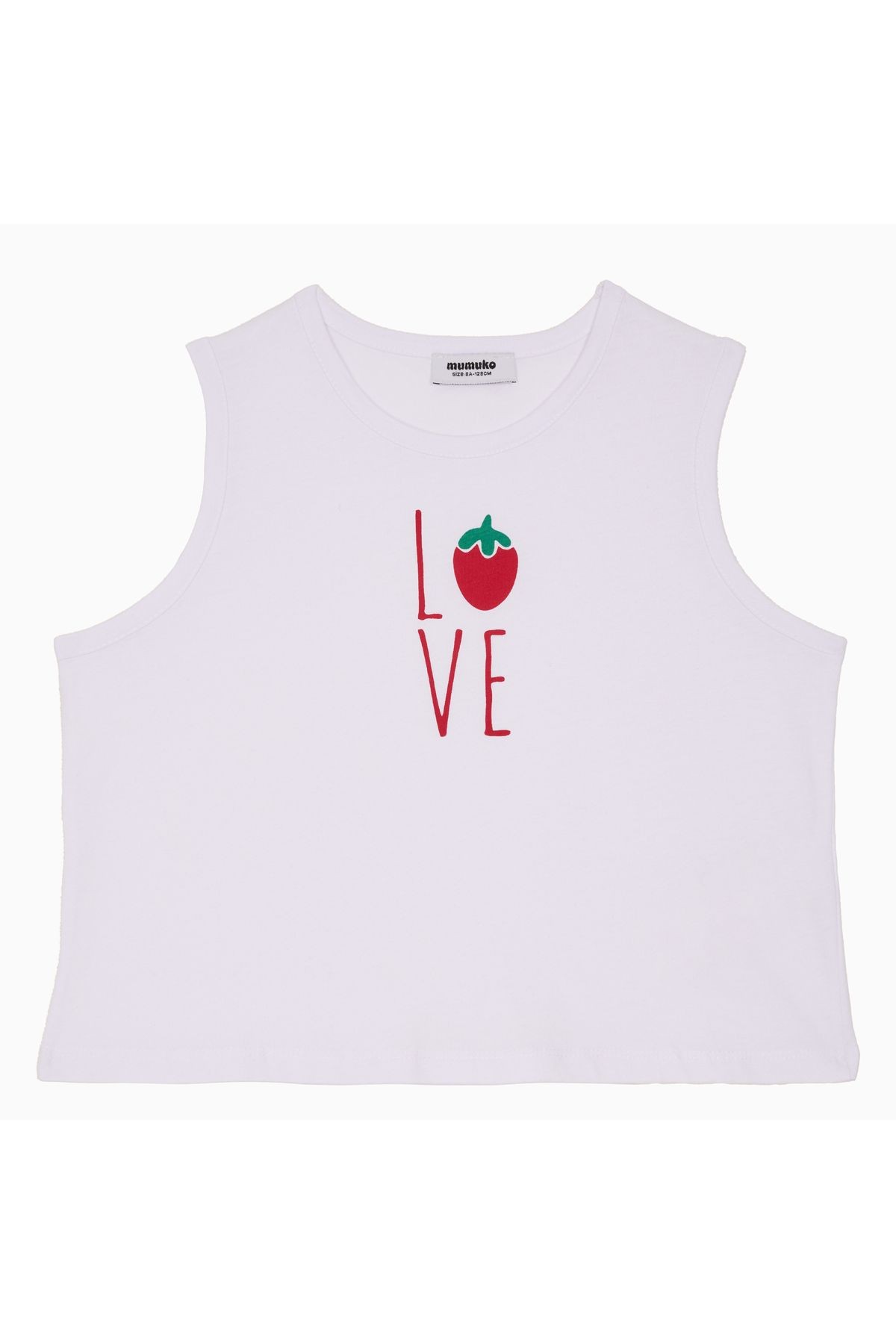 Kız Çocuk Kolsuz Tişört – %100 Pamuk, Beyaz, Çilek Desenli “LOVE” Baskılı