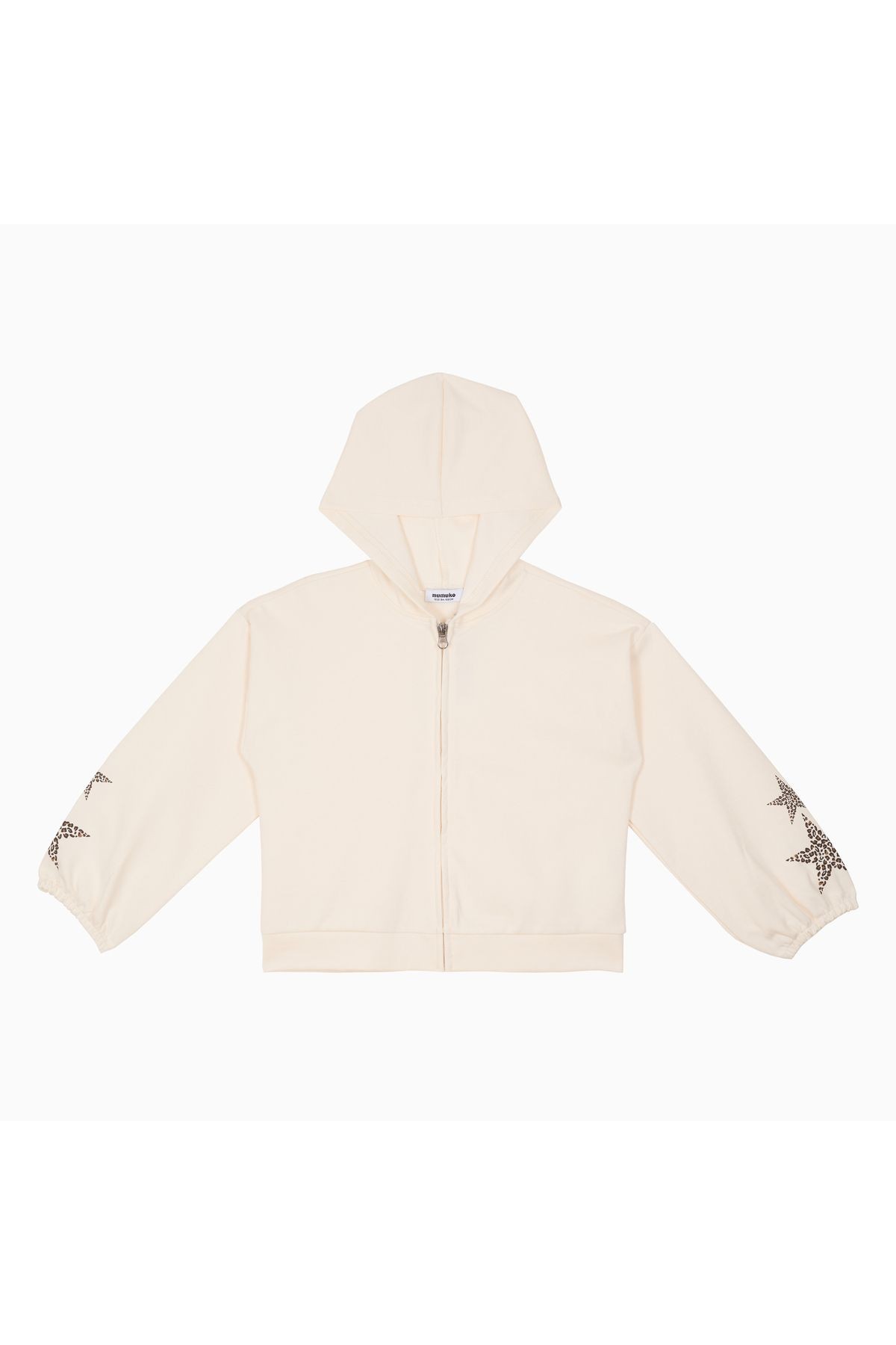 Kız Çocuk Sweatshirt – Krem, Kapüşonlu, Leopar Yıldız Detaylı Fermuarlı Model (4-12 Yaş)