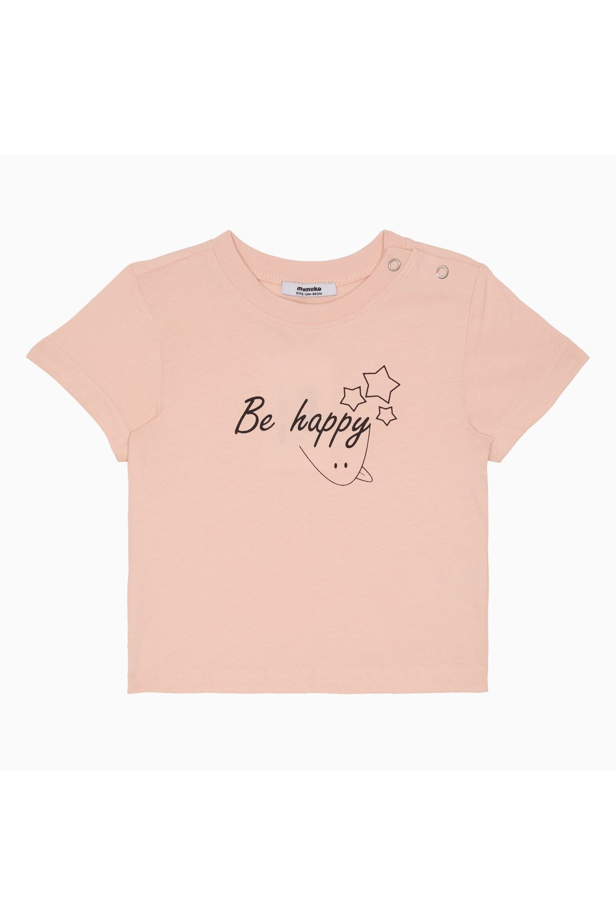 Kız Bebek Somon Tişört – %100 Pamuk, Be Happy Yazılı, Omuzdan Çıtçıtlı Yazlık Tasarım (3–24)