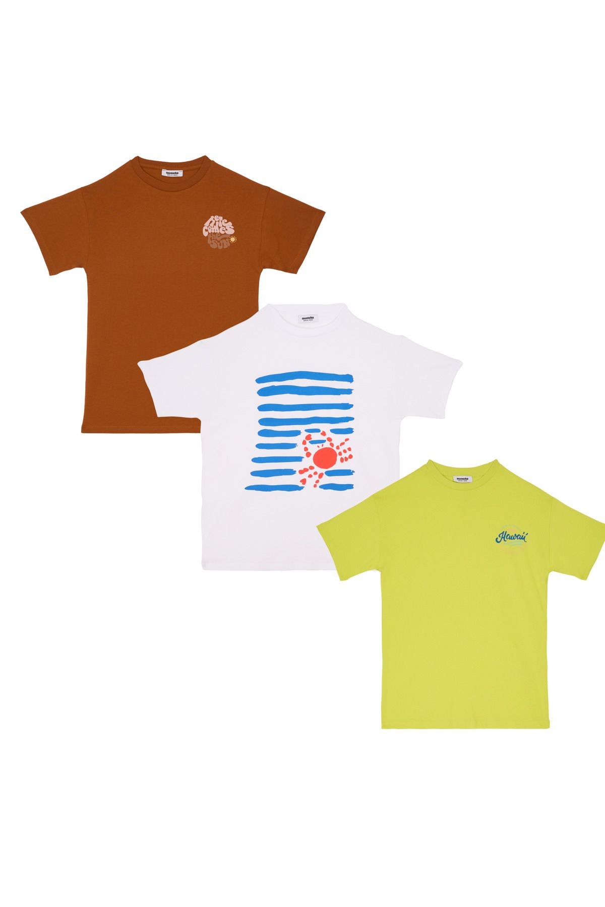 Collection Pack "Kahve-Beyaz-Fosfor Yeşil" 3'Lü Bisiklet Yaka %100 Pamuk T-Shirt