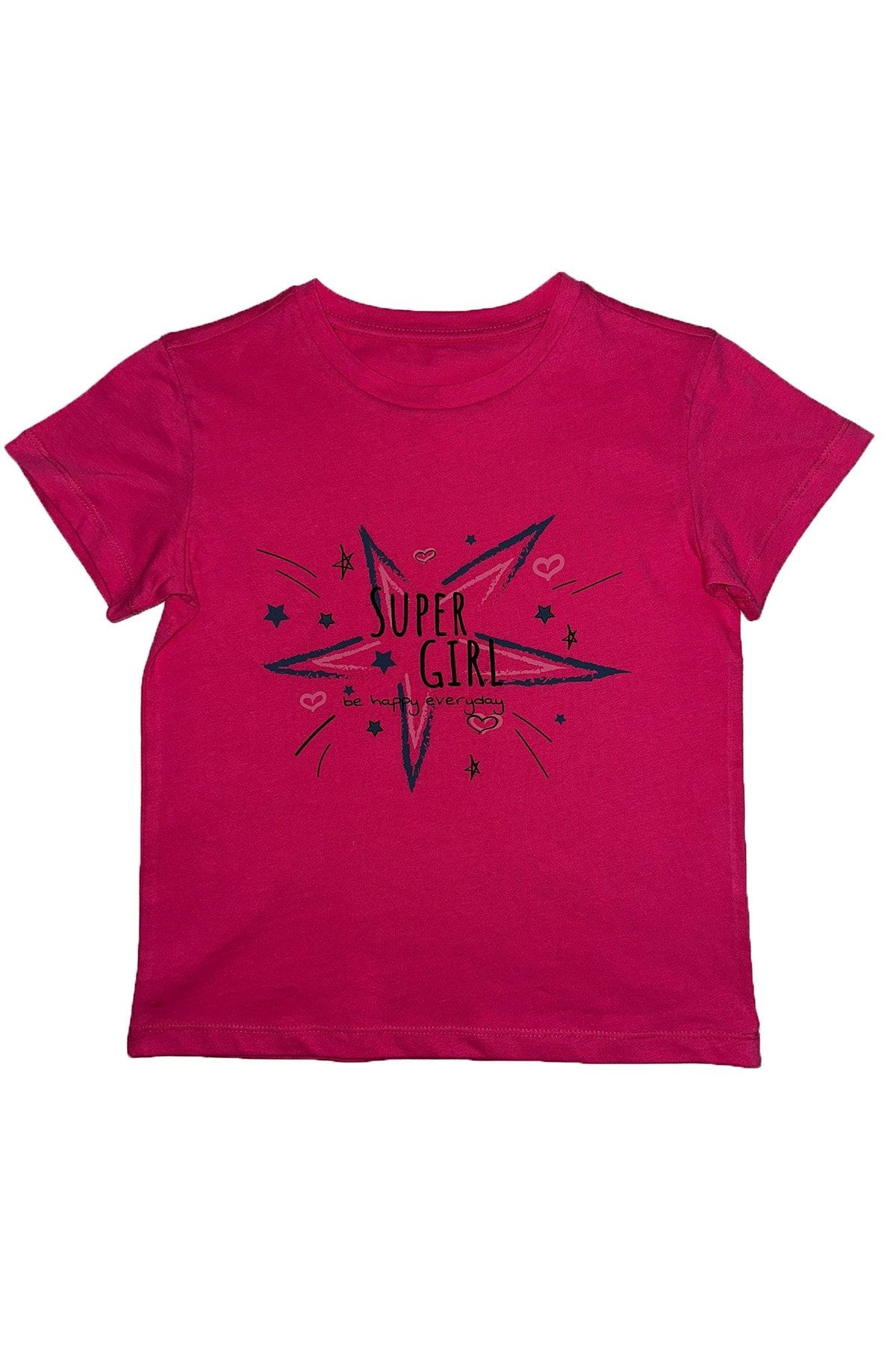 Super Girl Baskılı Bisiklet Yaka Kız Tshirt %100 Pamuk