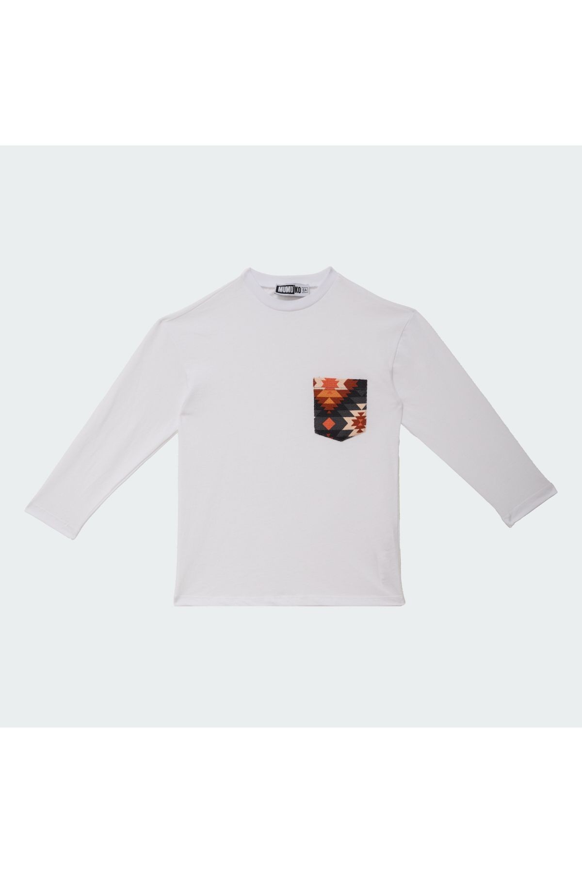 Erkek Çocuk Mozaik Cep Detaylı Uzun Kol Beyaz Tshirt %100 Pamuk