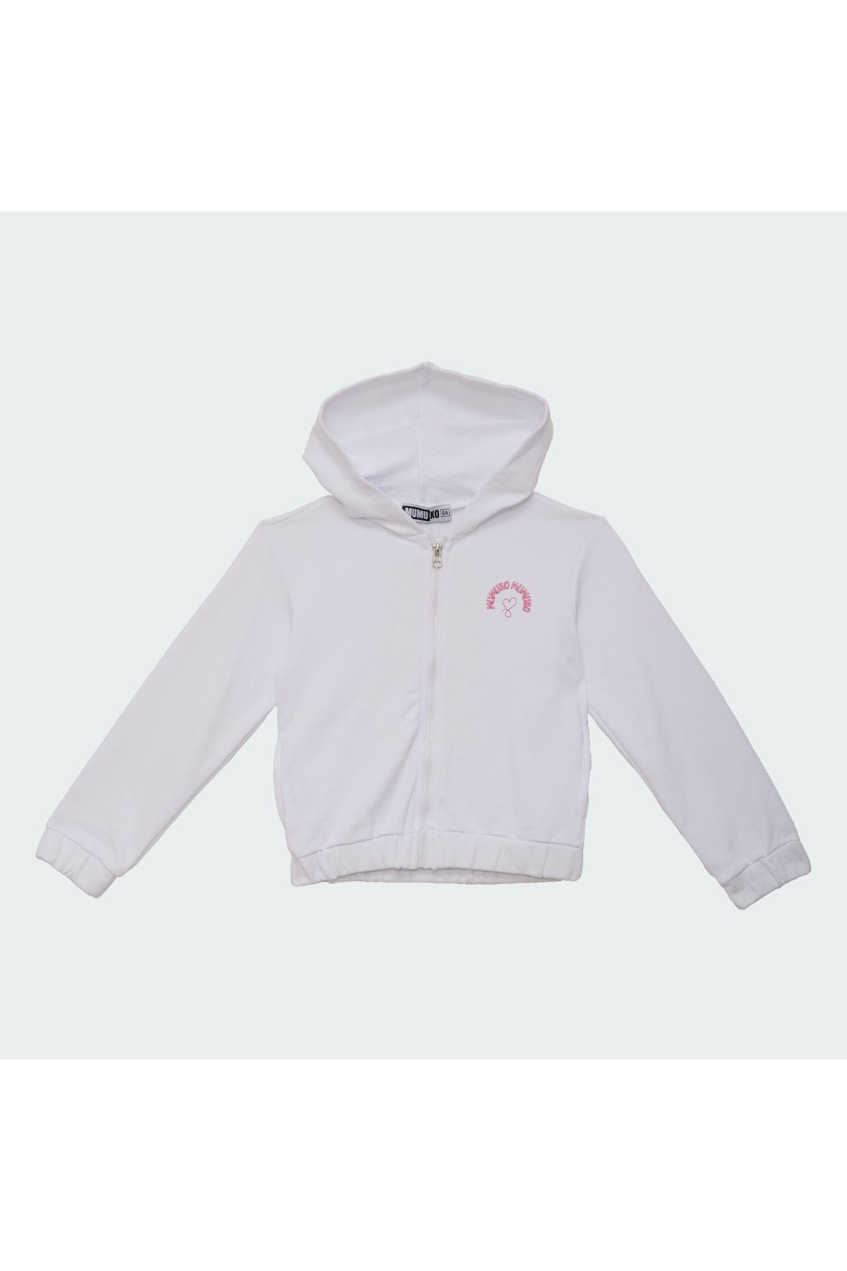 Kız Çocuk Kapüşonlu Baskılı Fermuarlı Sweatshirt Beyaz %100 Pamuk