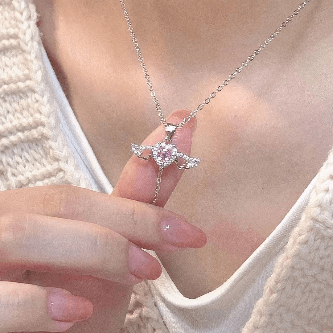 Pembe Zirkon Taşlı Melek Kanadı Çelik Kolye