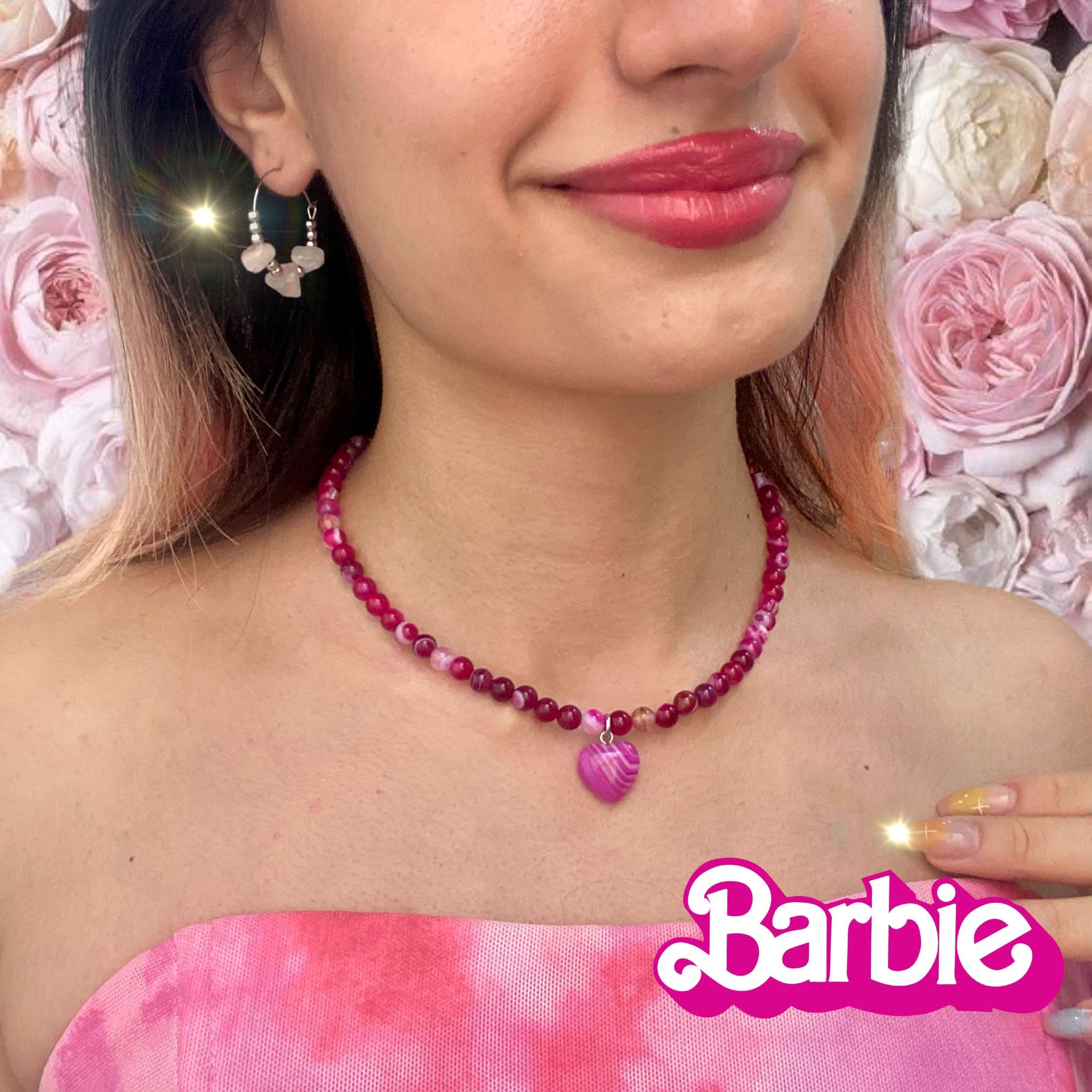 Akik Açık Koyu Pembe  Kalpli 6mm Taşlı Barbie Kolye