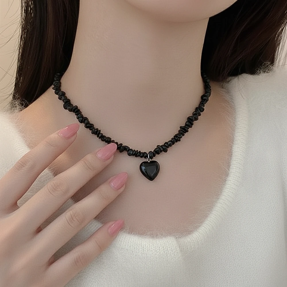 Obsidyen Taş Kırıktaş Kolye Kalp uçlu