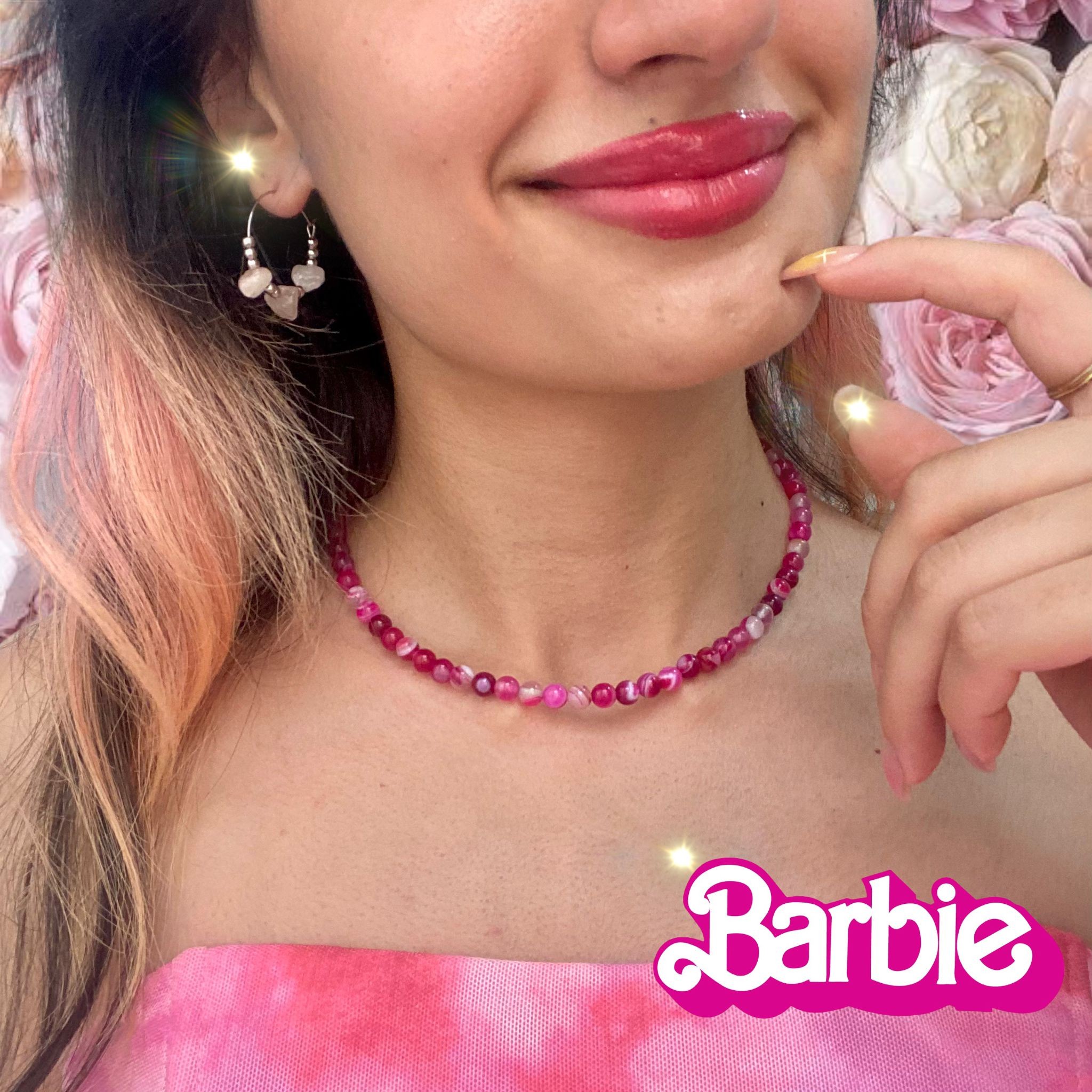 Pembe ve Mor Akik 6mm Taşlı Barbie Kolye