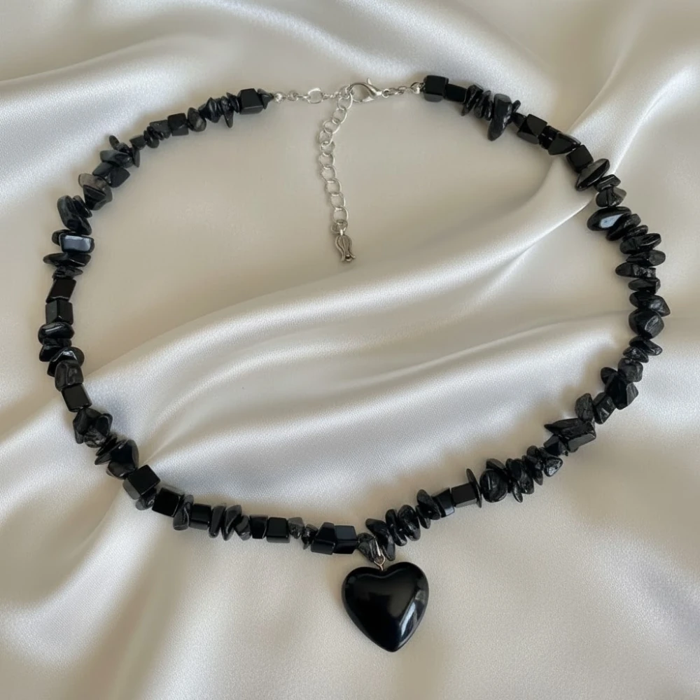 Obsidyen Taş Kırıktaş Kolye Kalp uçlu