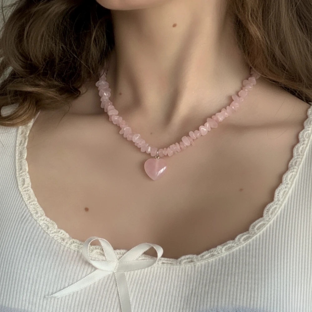 Pembe Kuvars Taşı Doğal Taş Kırıktaş Kolye Kalp Uçlu