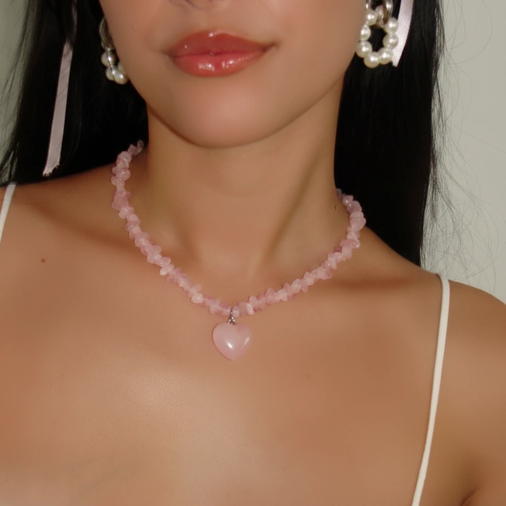 Pembe Kuvars Taşı Doğal Taş Kırıktaş Kolye Kalp Uçlu