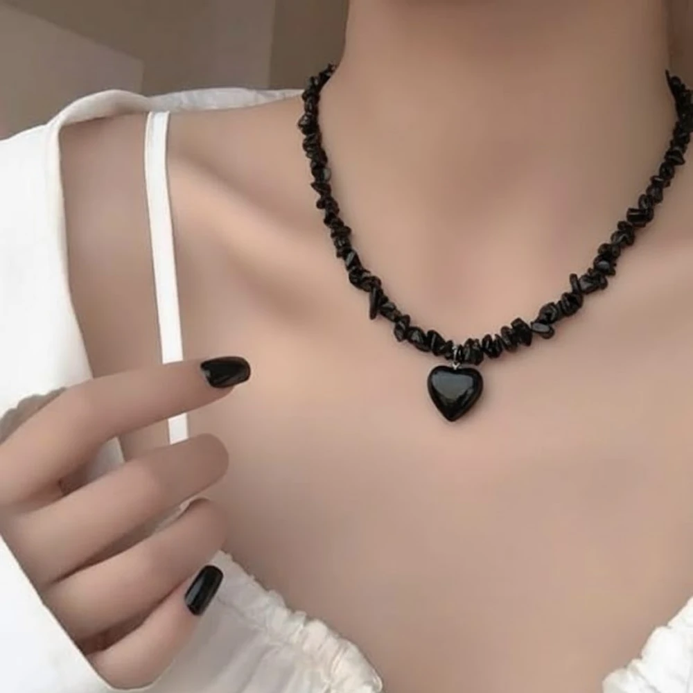 Obsidyen Taş Kırıktaş Kolye Kalp uçlu