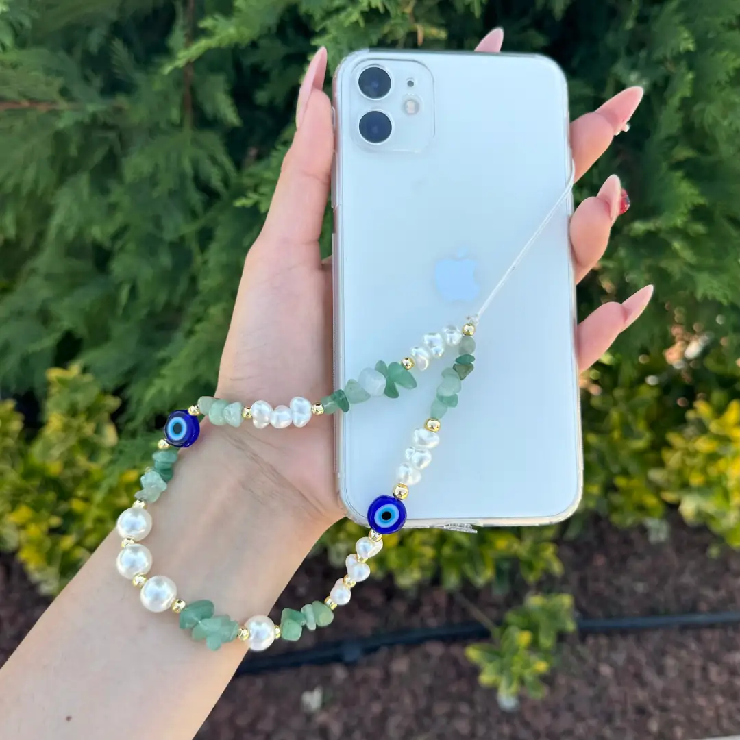Doğal Taşlı ve Fimo Boncuklu Telefon Charmı