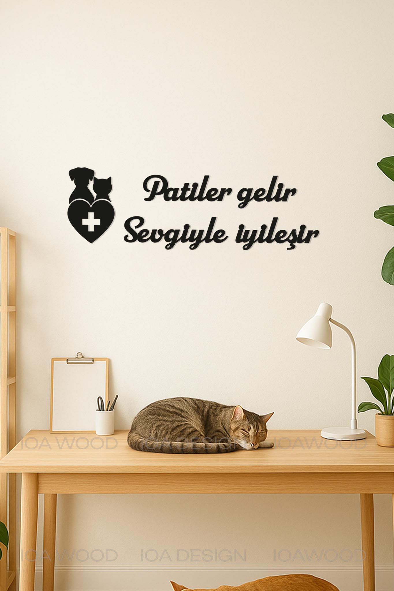 Patiler gelir sevgiyle iyileşir - Ahşap Dekoratif Duvar Yazısı - Veteriner Ofis Dekoru Dekorasyon