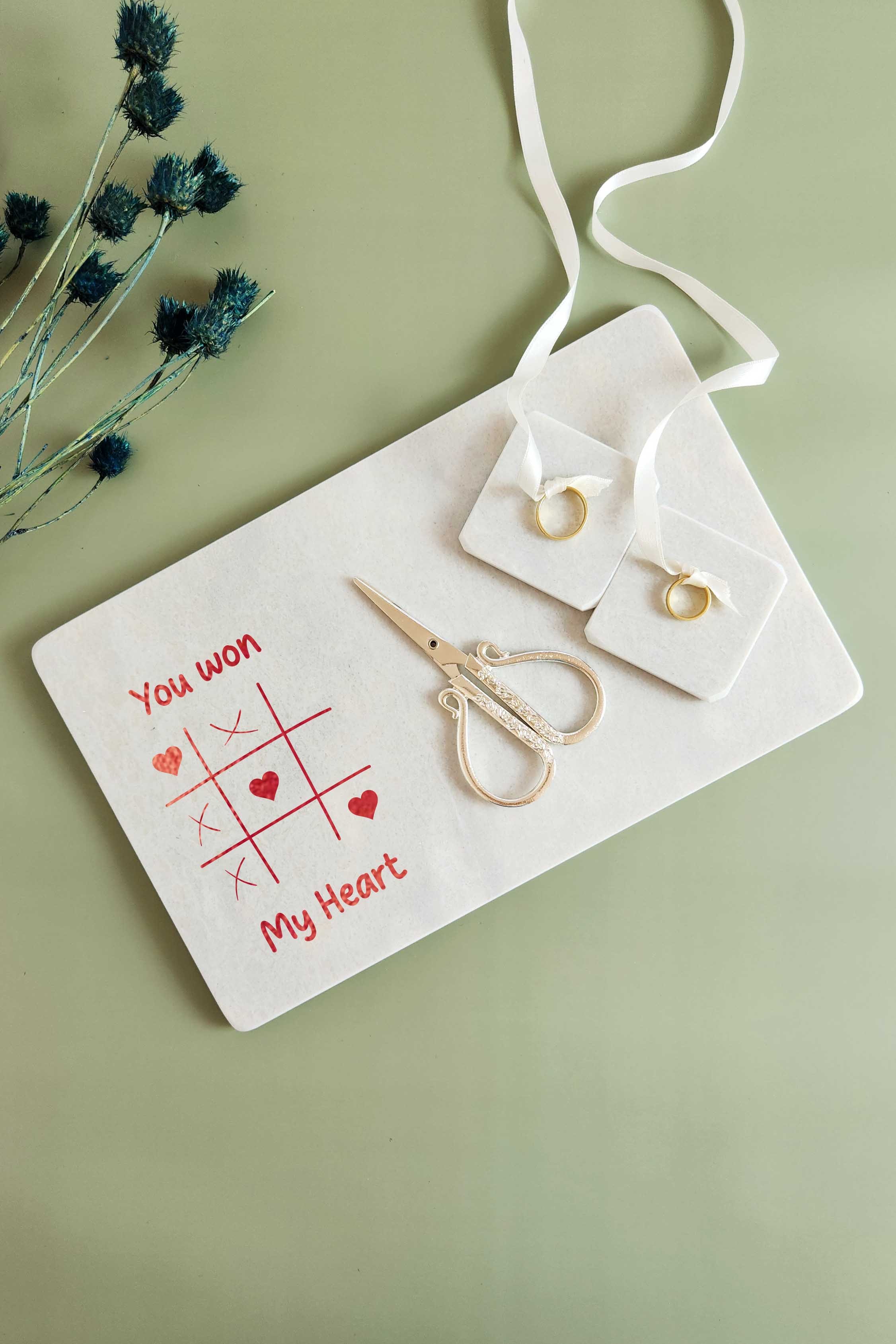 You Won My Heart - Gerçek İnce Mermer Söz/Nişan Tepsisi (32X20 CM) + Makas + 2 Adet Yüzüklük - Gümüş